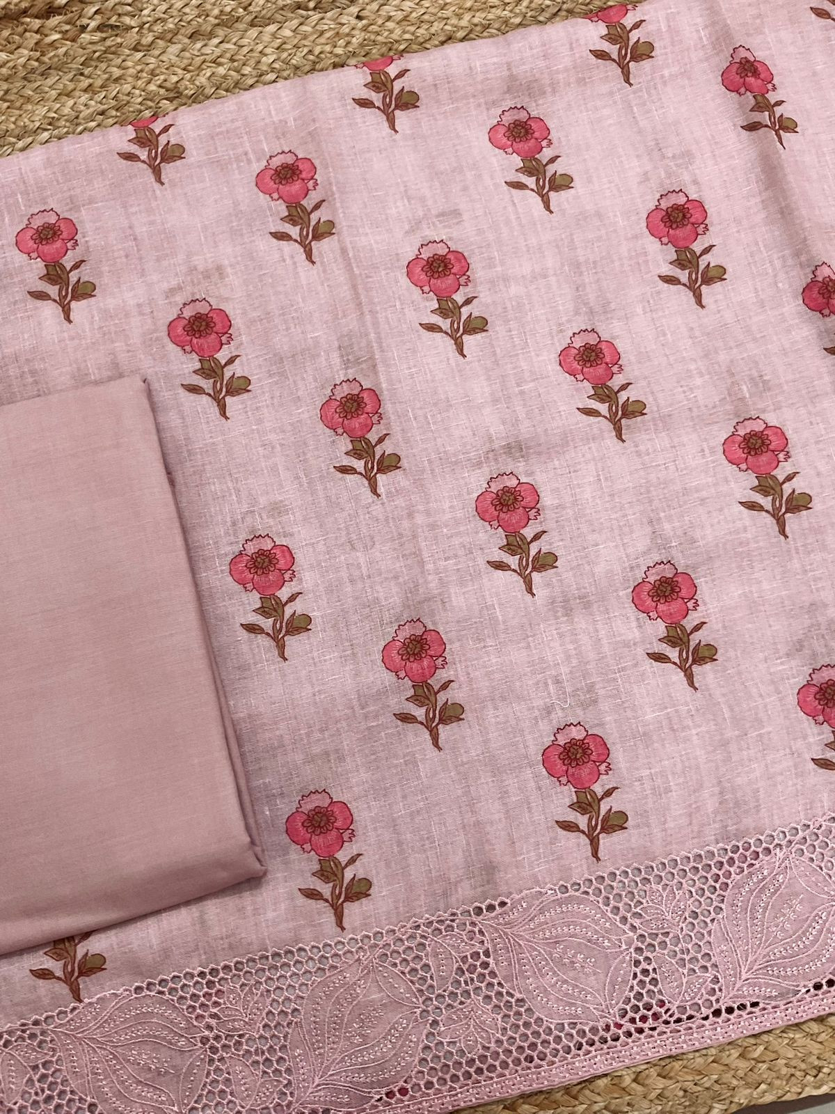 Soft Linen Jute Cotton Printed Embroidered Suit - Onion Pink