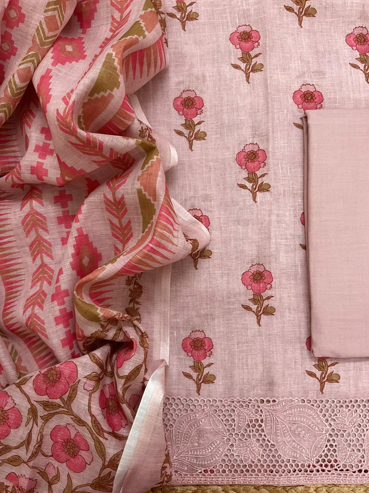 Soft Linen Jute Cotton Printed Embroidered Suit - Onion Pink