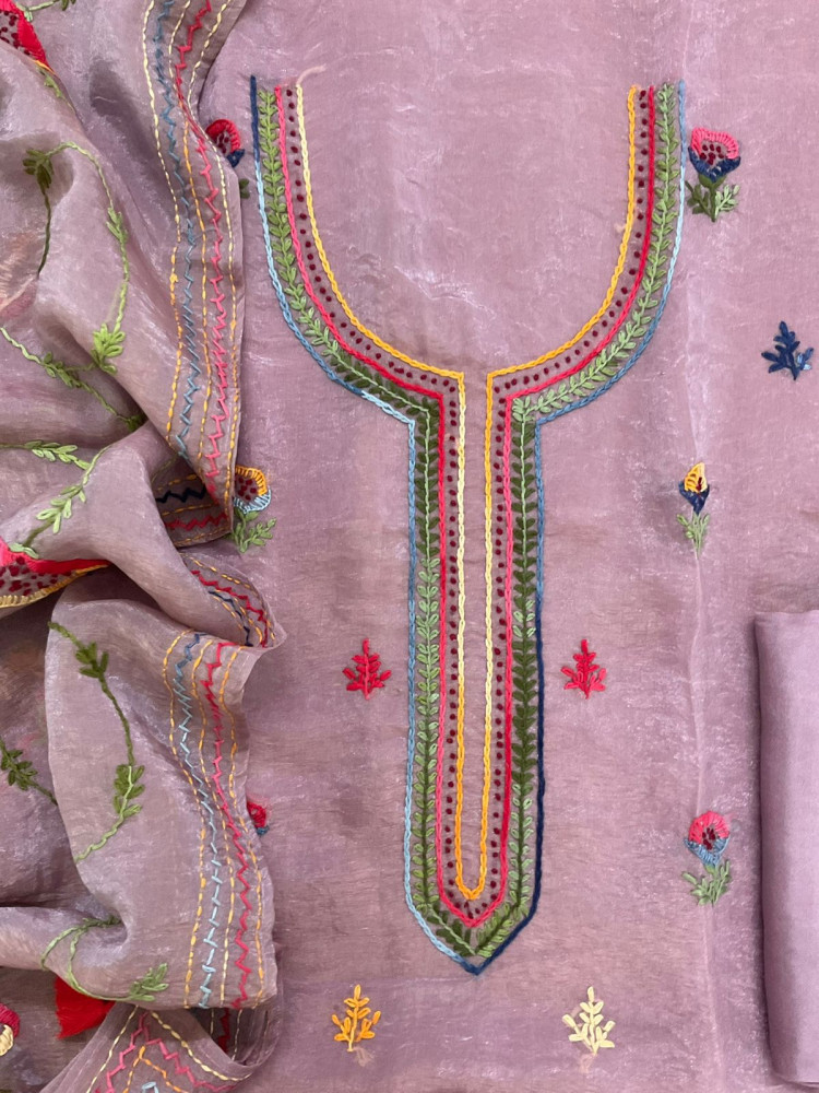 Image of Pure Crushed Tissue Fine Embroidered Suit - Lavender