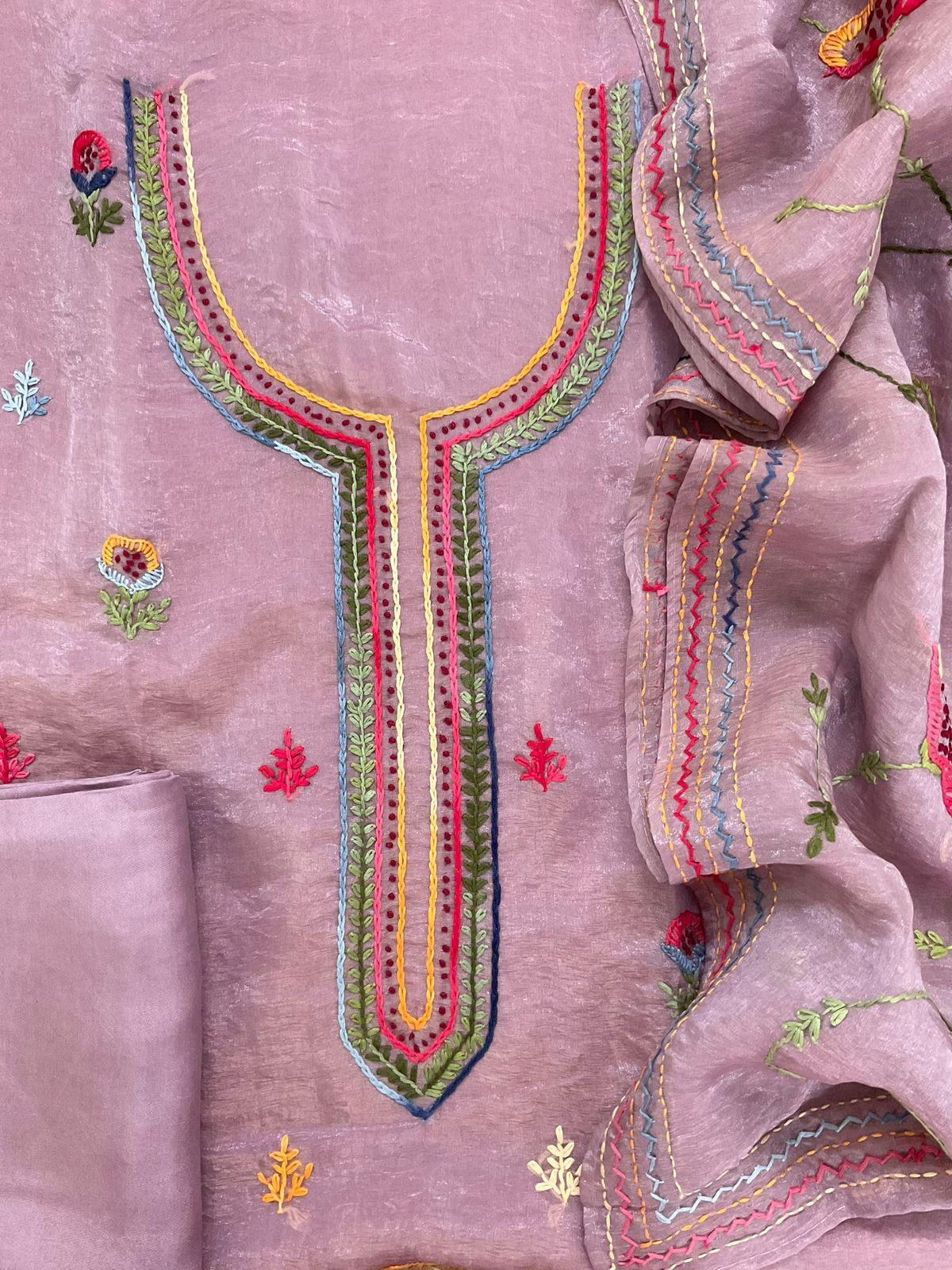 Pure Crushed Tissue Fine Embroidered Suit - Lavender