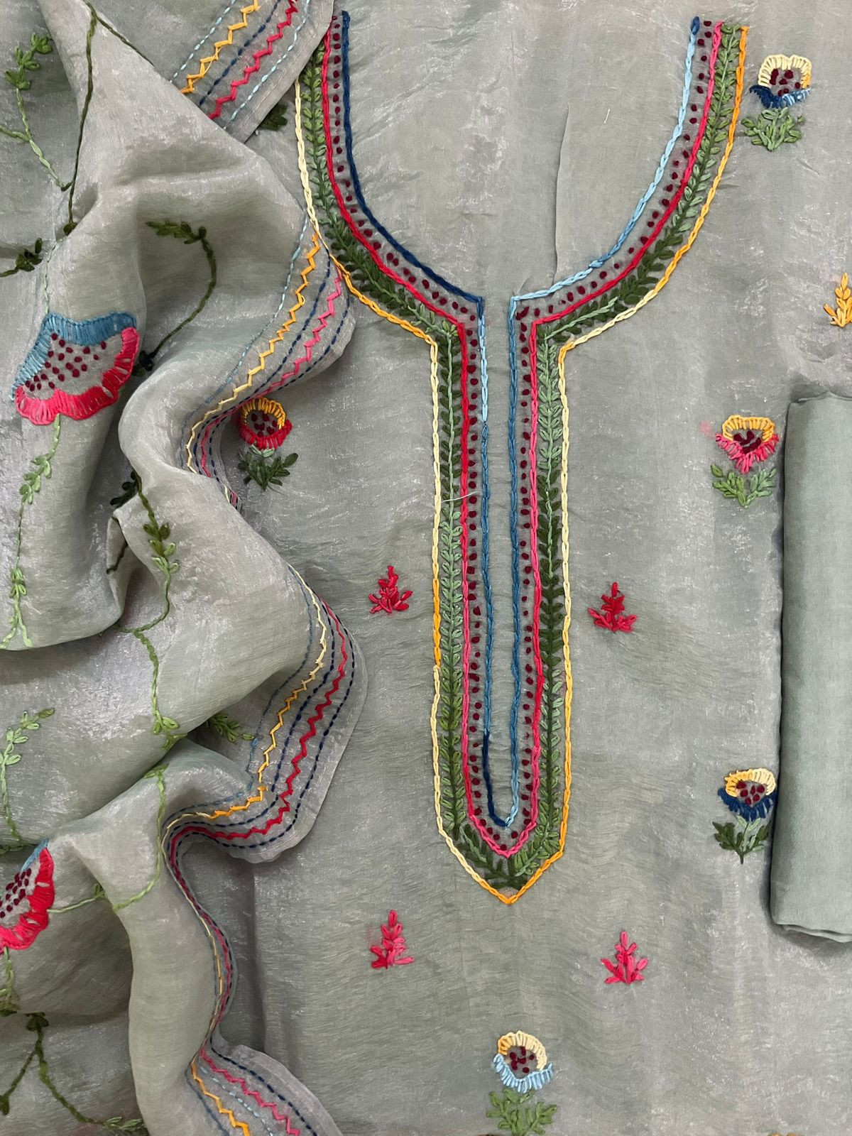 Pure Crushed Tissue Fine Embroidered Suit - Greyish Blue