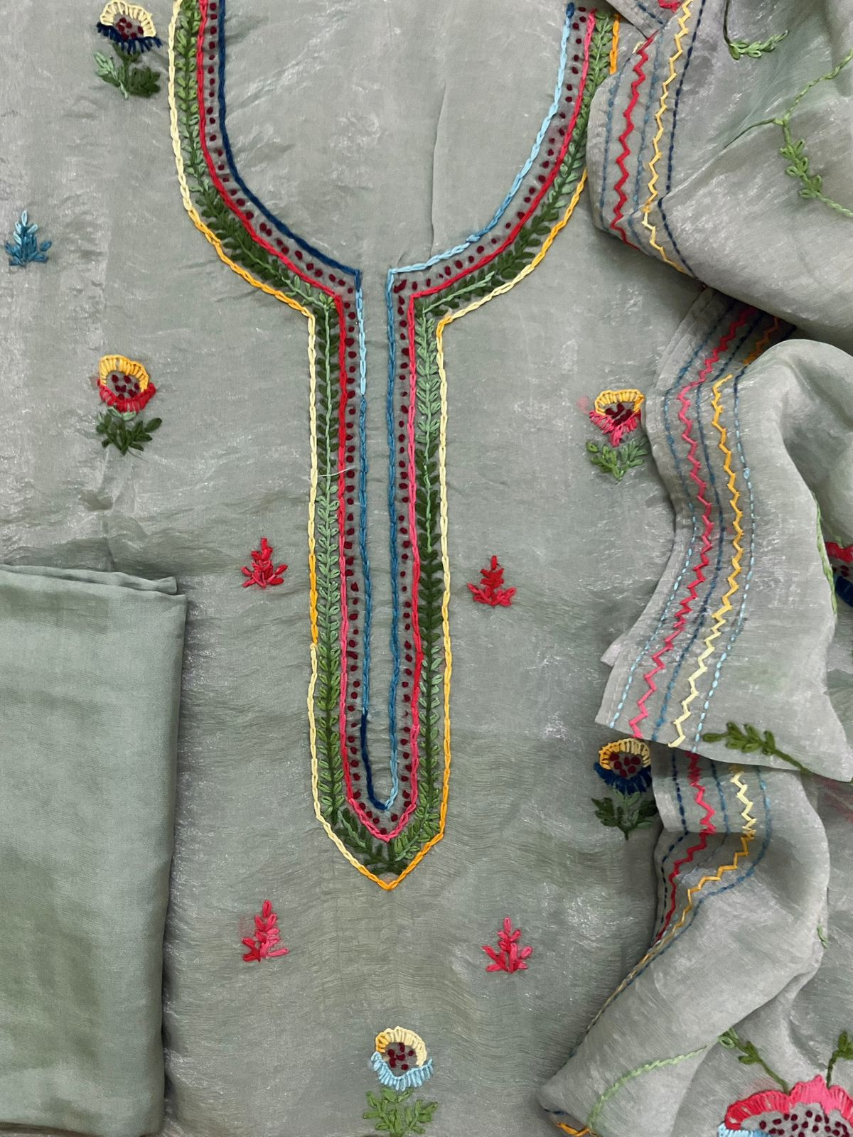 Pure Crushed Tissue Fine Embroidered Suit - Greyish Blue