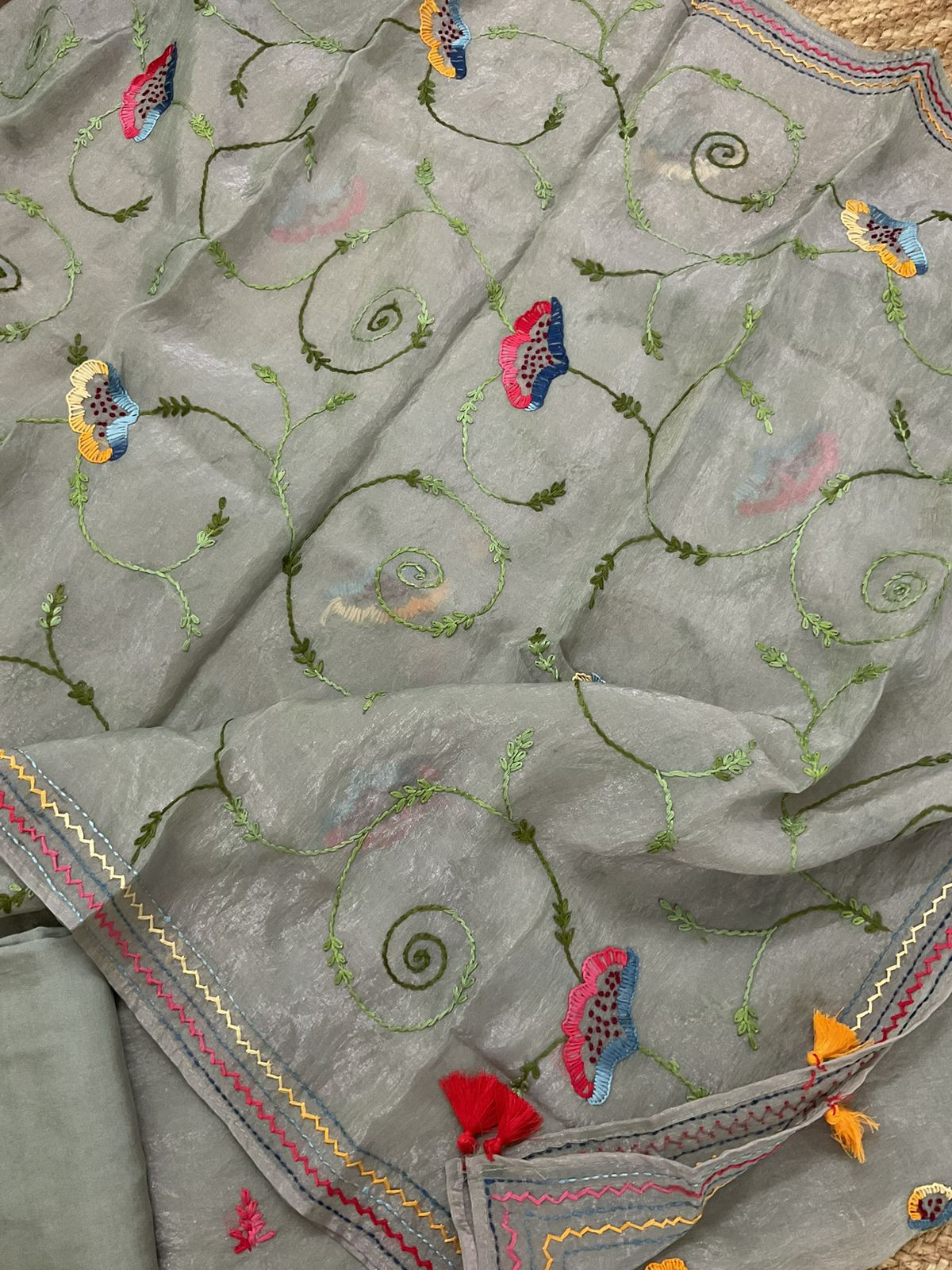 Pure Crushed Tissue Fine Embroidered Suit - Greyish Blue