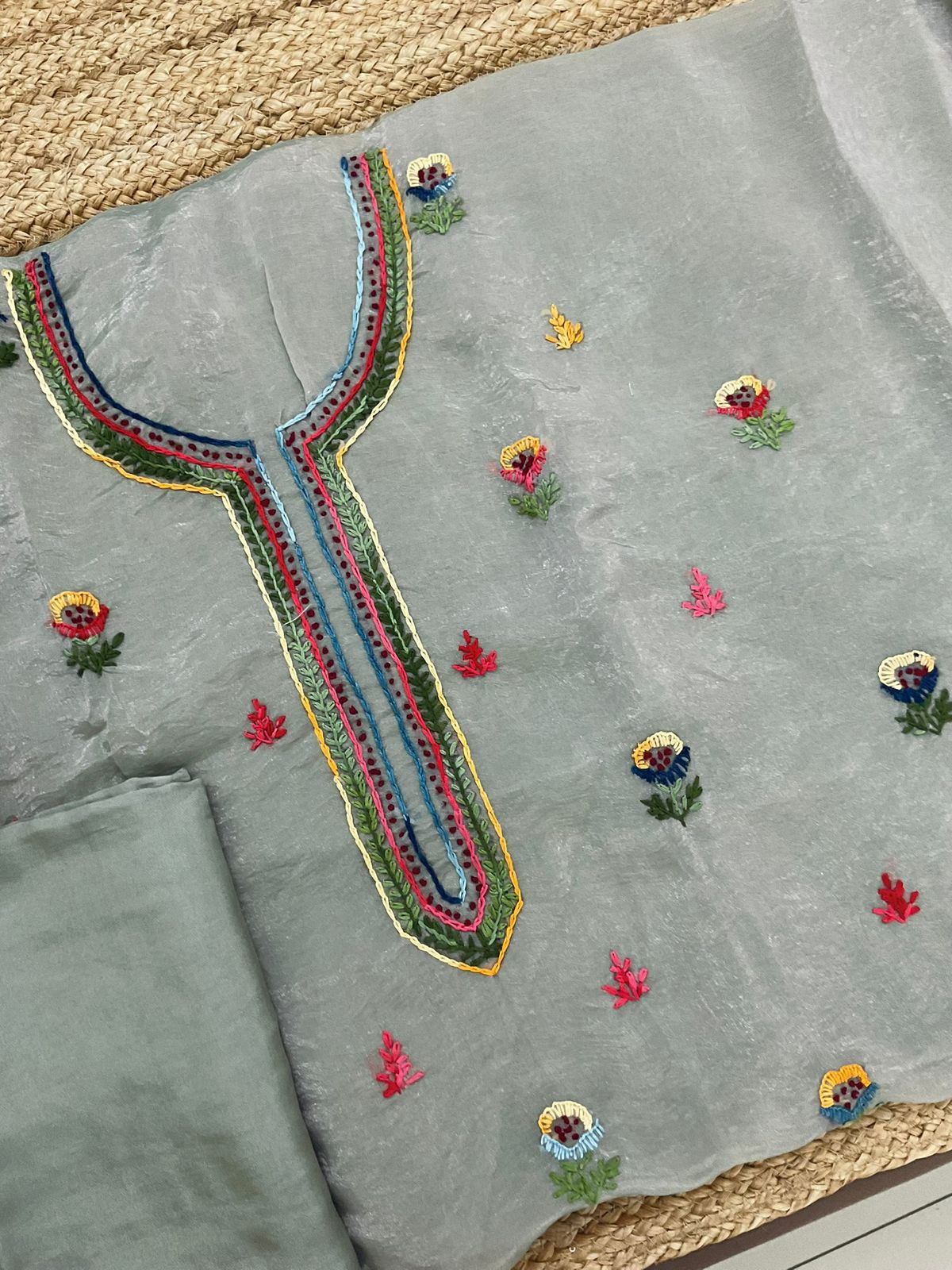 Pure Crushed Tissue Fine Embroidered Suit - Greyish Blue