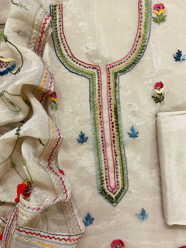 Image of Pure Crushed Tissue Fine Embroidered Suit - Beige