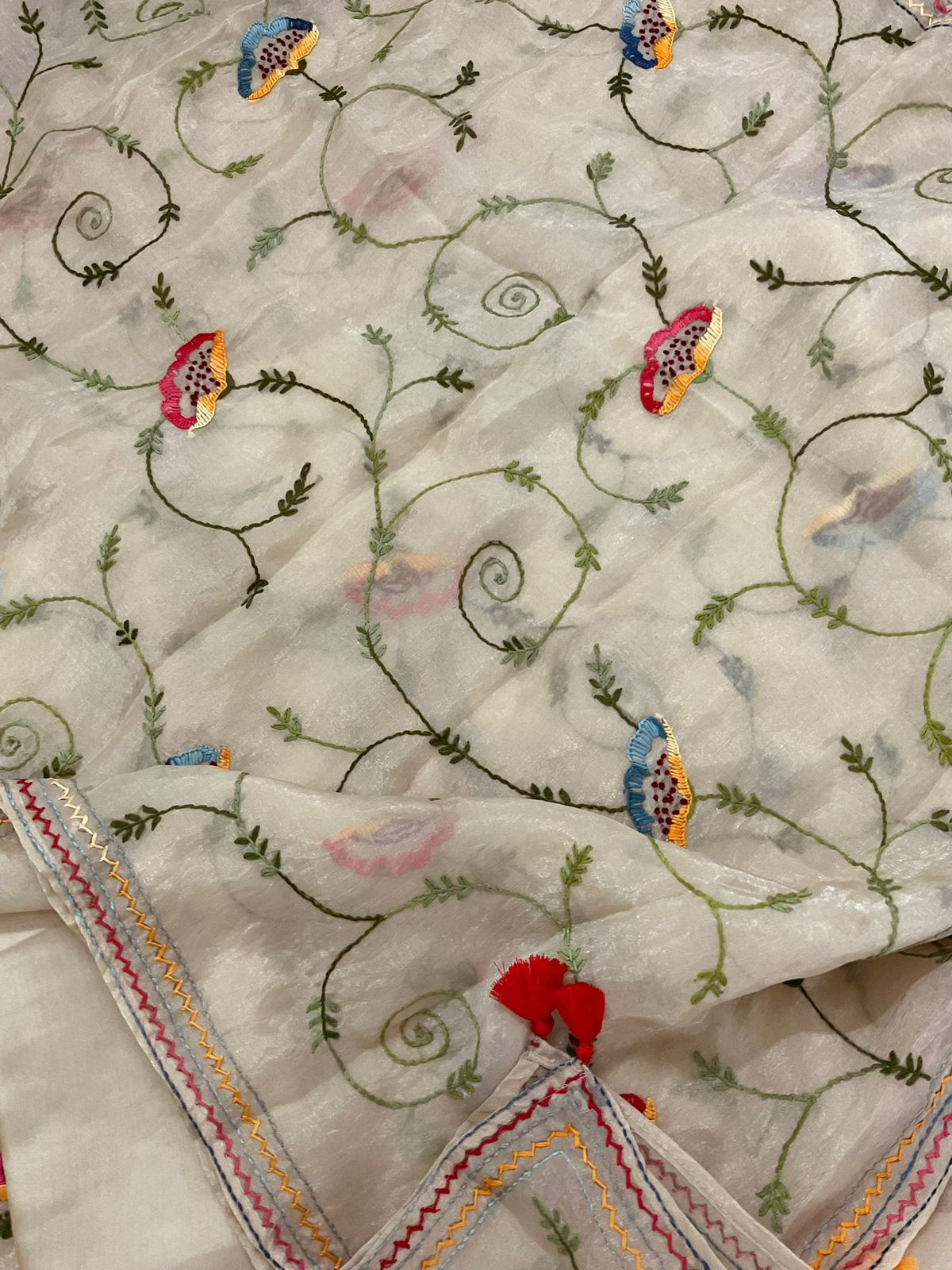 Pure Crushed Tissue Fine Embroidered Suit - Beige