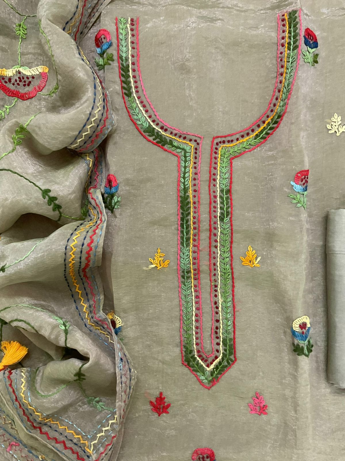 Pure Crushed Tissue Fine Embroidered Suit -Greenish Beige