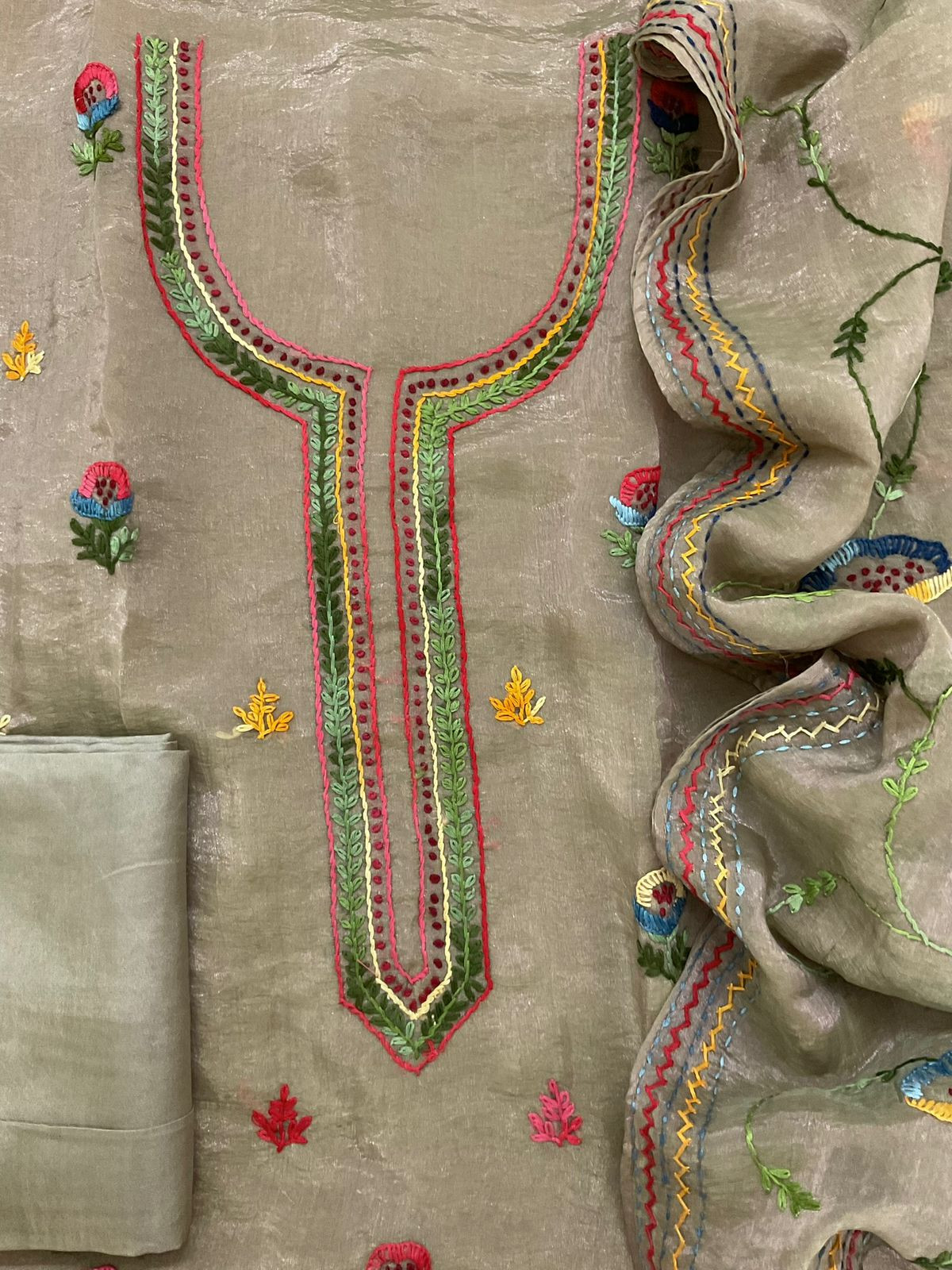 Pure Crushed Tissue Fine Embroidered Suit -Greenish Beige