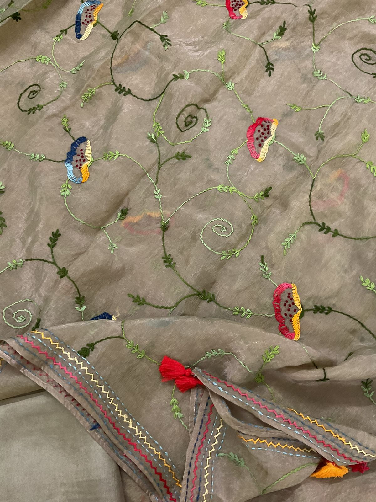 Pure Crushed Tissue Fine Embroidered Suit -Greenish Beige