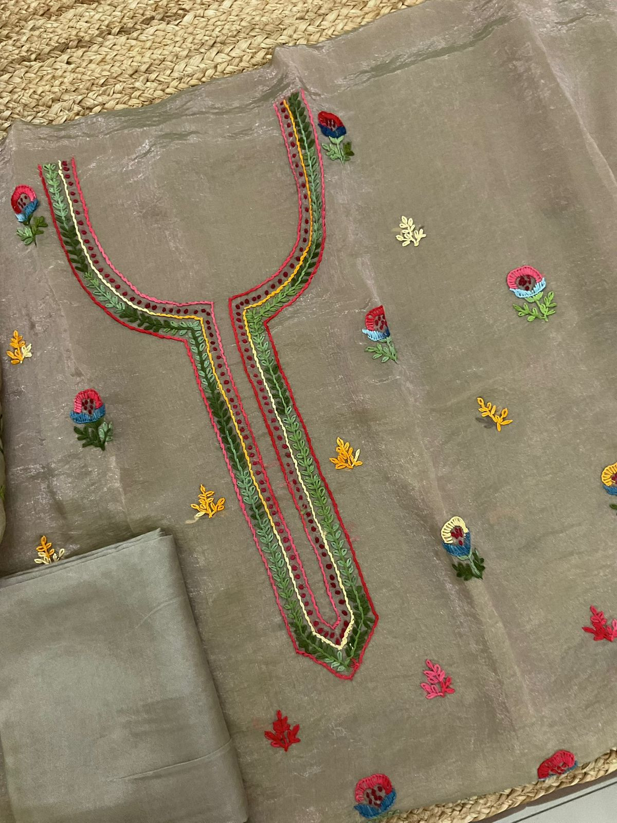 Pure Crushed Tissue Fine Embroidered Suit -Greenish Beige