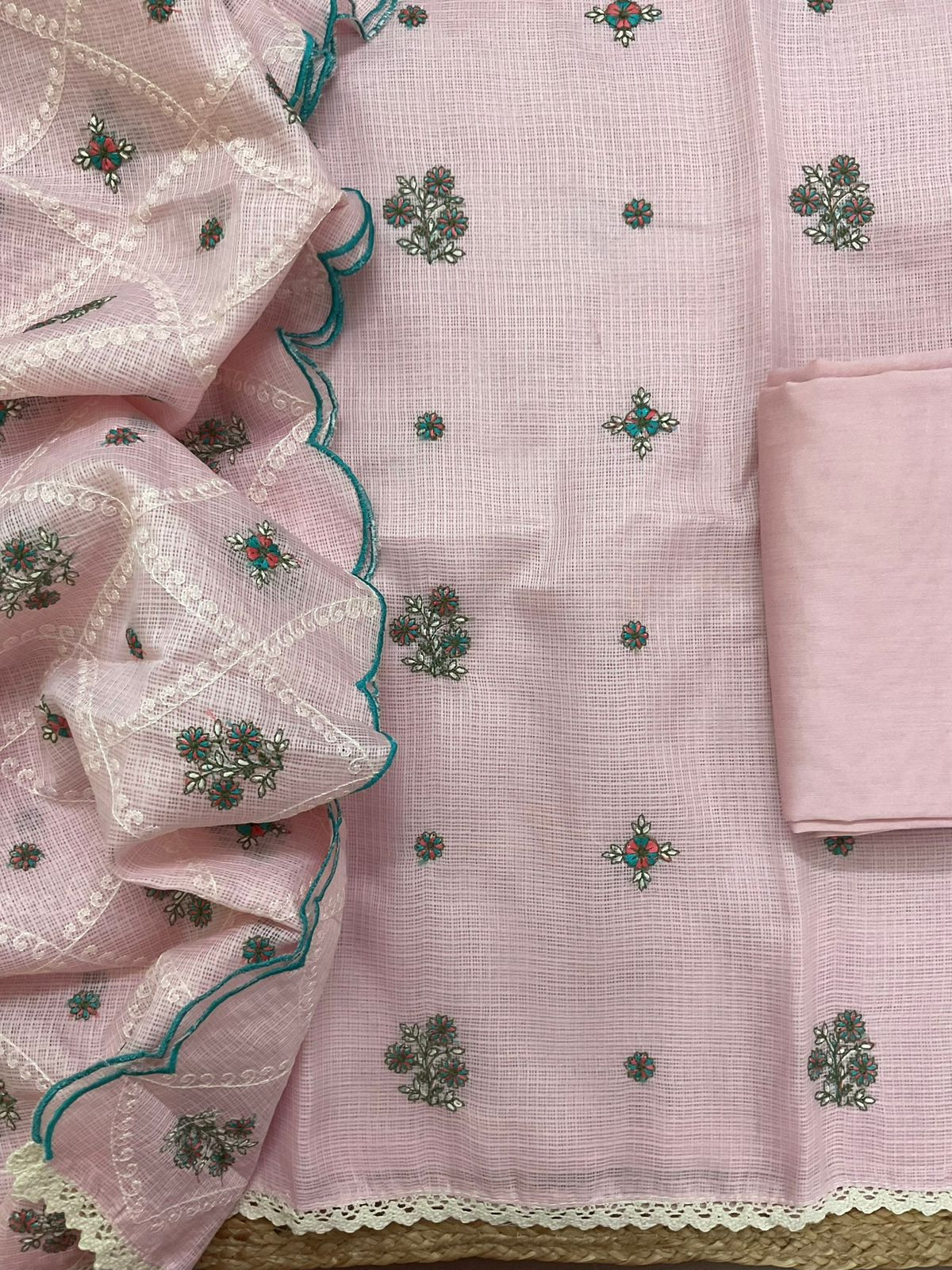 Soft Kota Silk Embroidered Suit - Pink