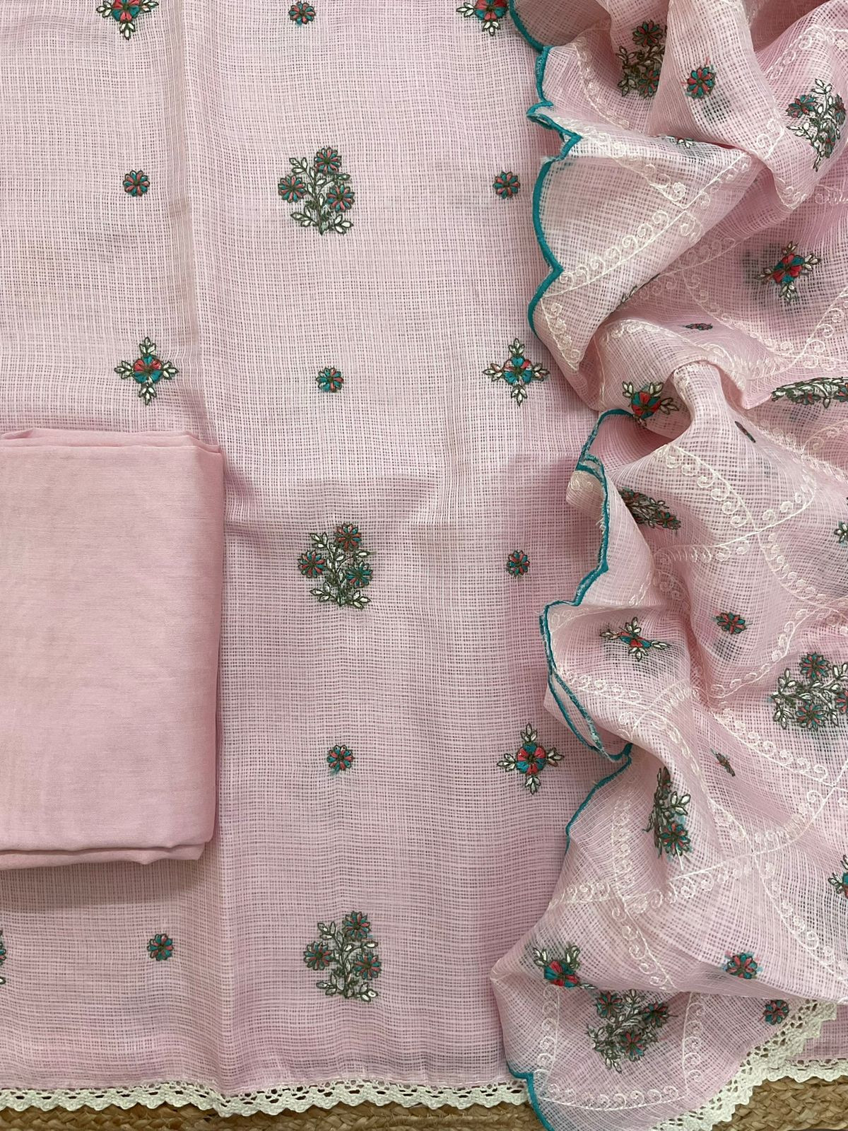 Soft Kota Silk Embroidered Suit - Pink