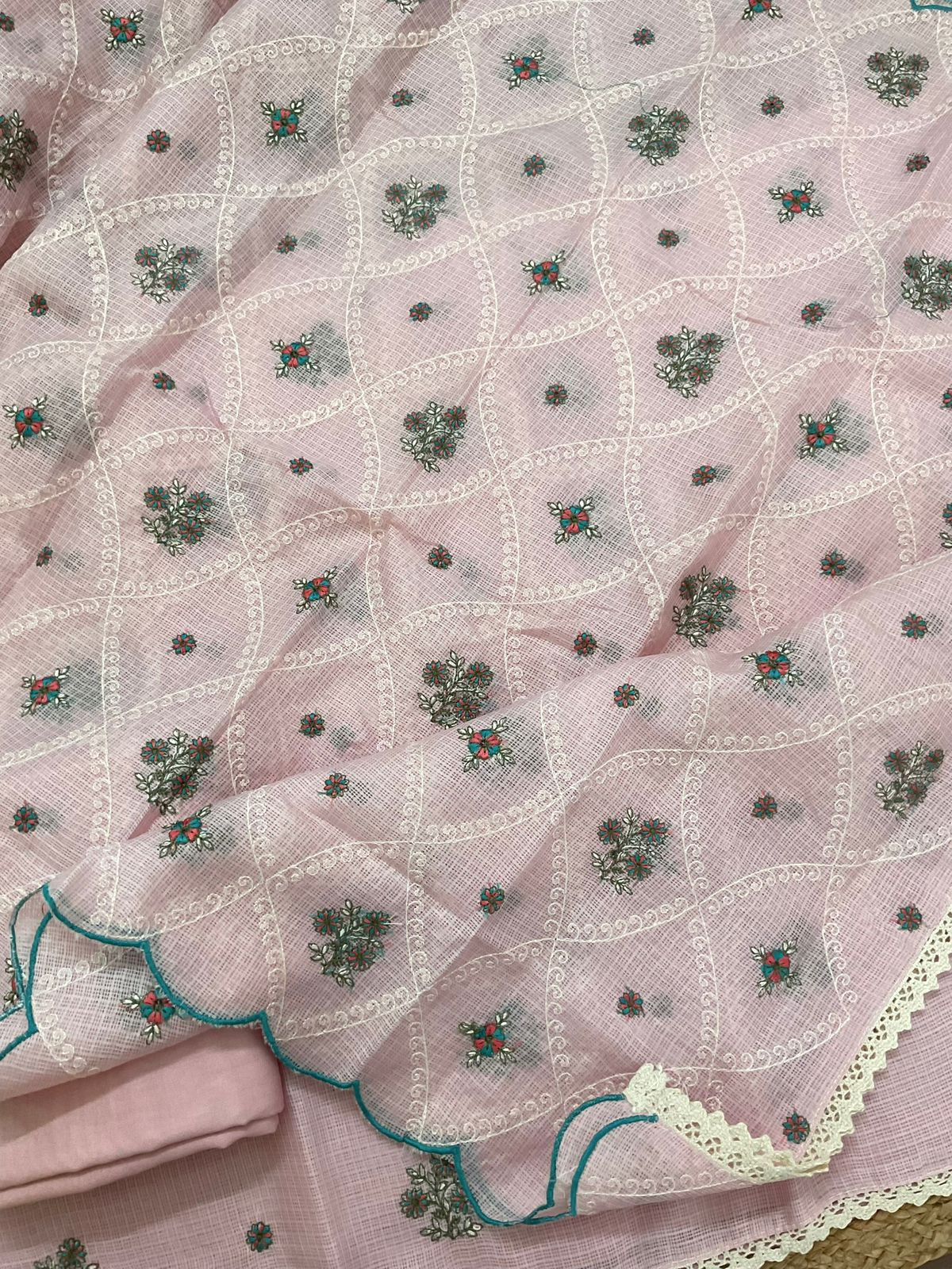 Soft Kota Silk Embroidered Suit - Pink