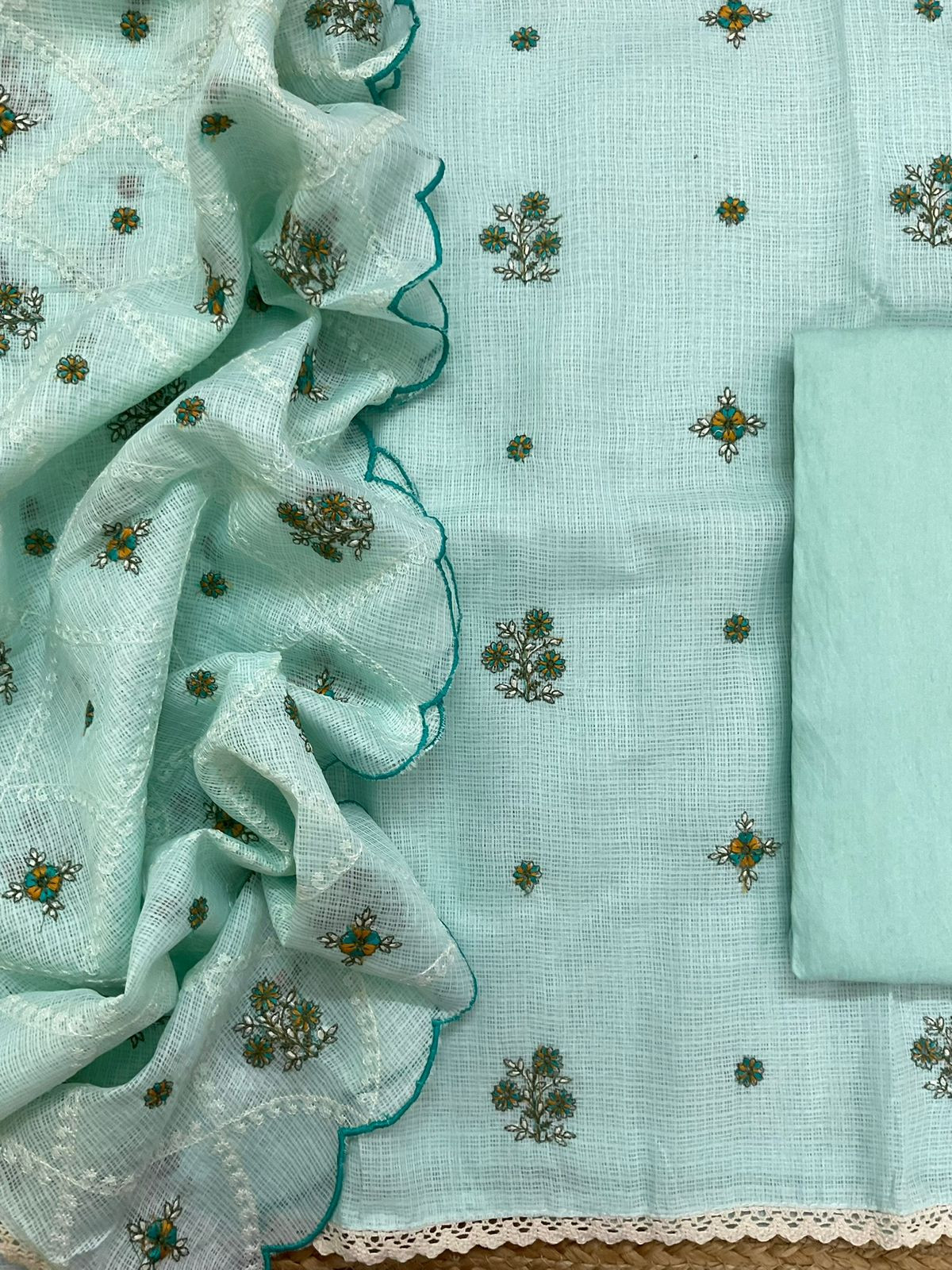 Soft Kota Silk Embroidered Suit - Blue