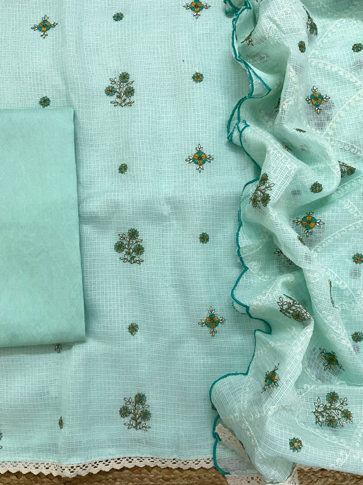 Soft Kota Silk Embroidered Suit - Blue