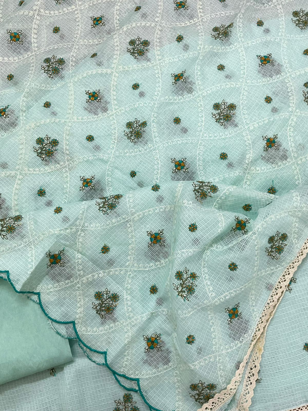 Soft Kota Silk Embroidered Suit - Blue