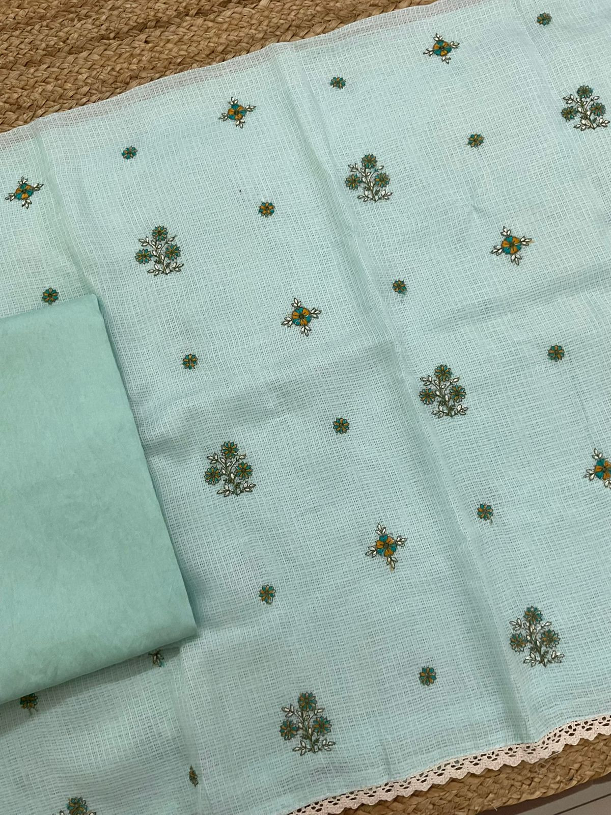 Soft Kota Silk Embroidered Suit - Blue