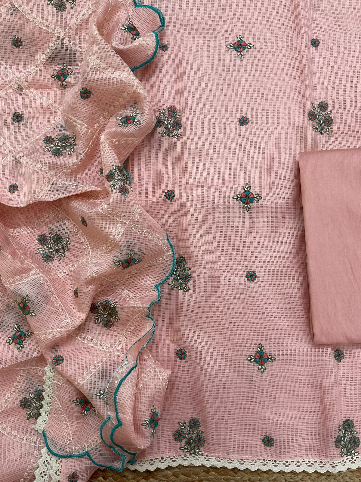 Soft Kota Silk Embroidered Suit - Peach