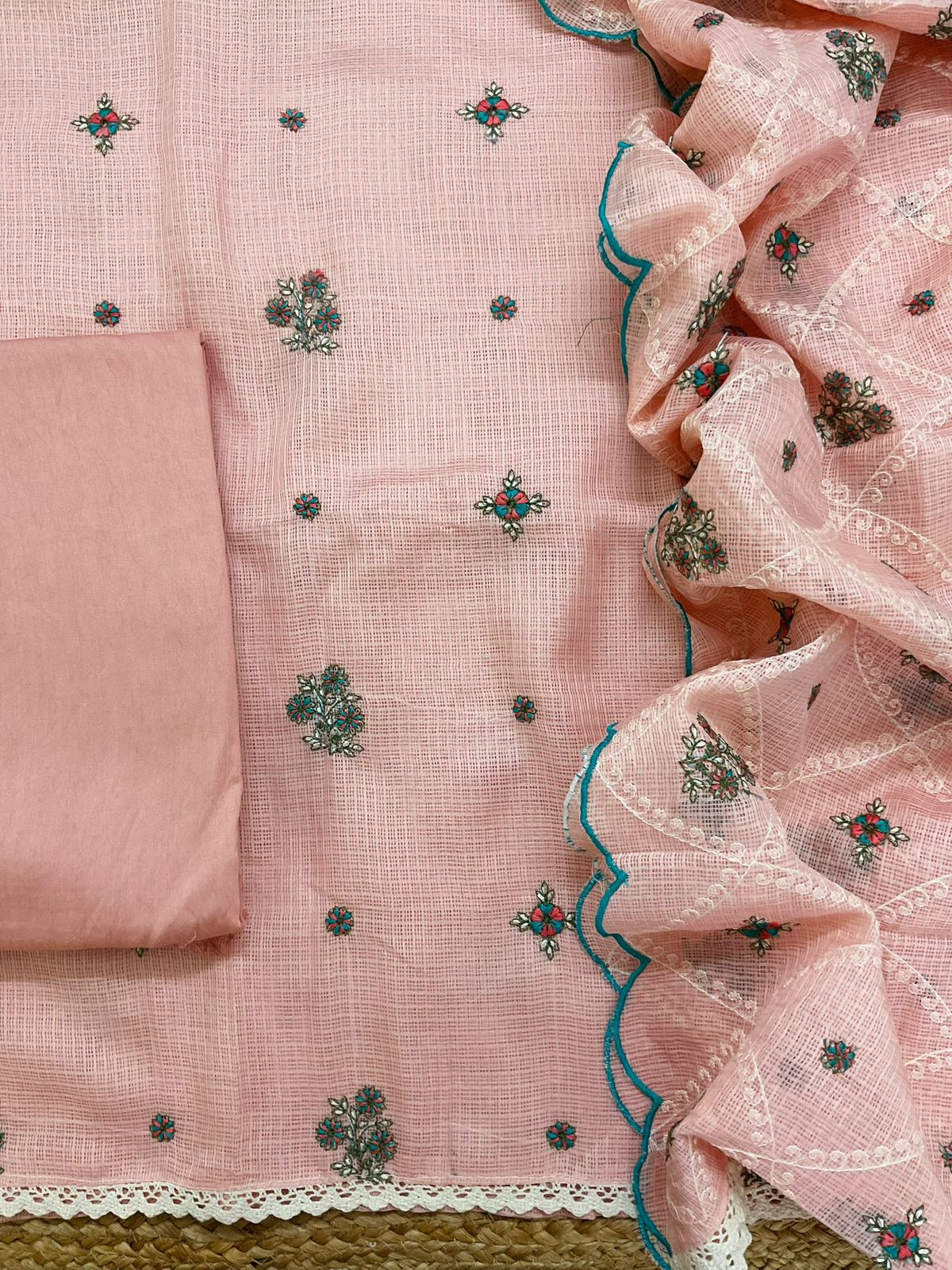 Soft Kota Silk Embroidered Suit - Peach