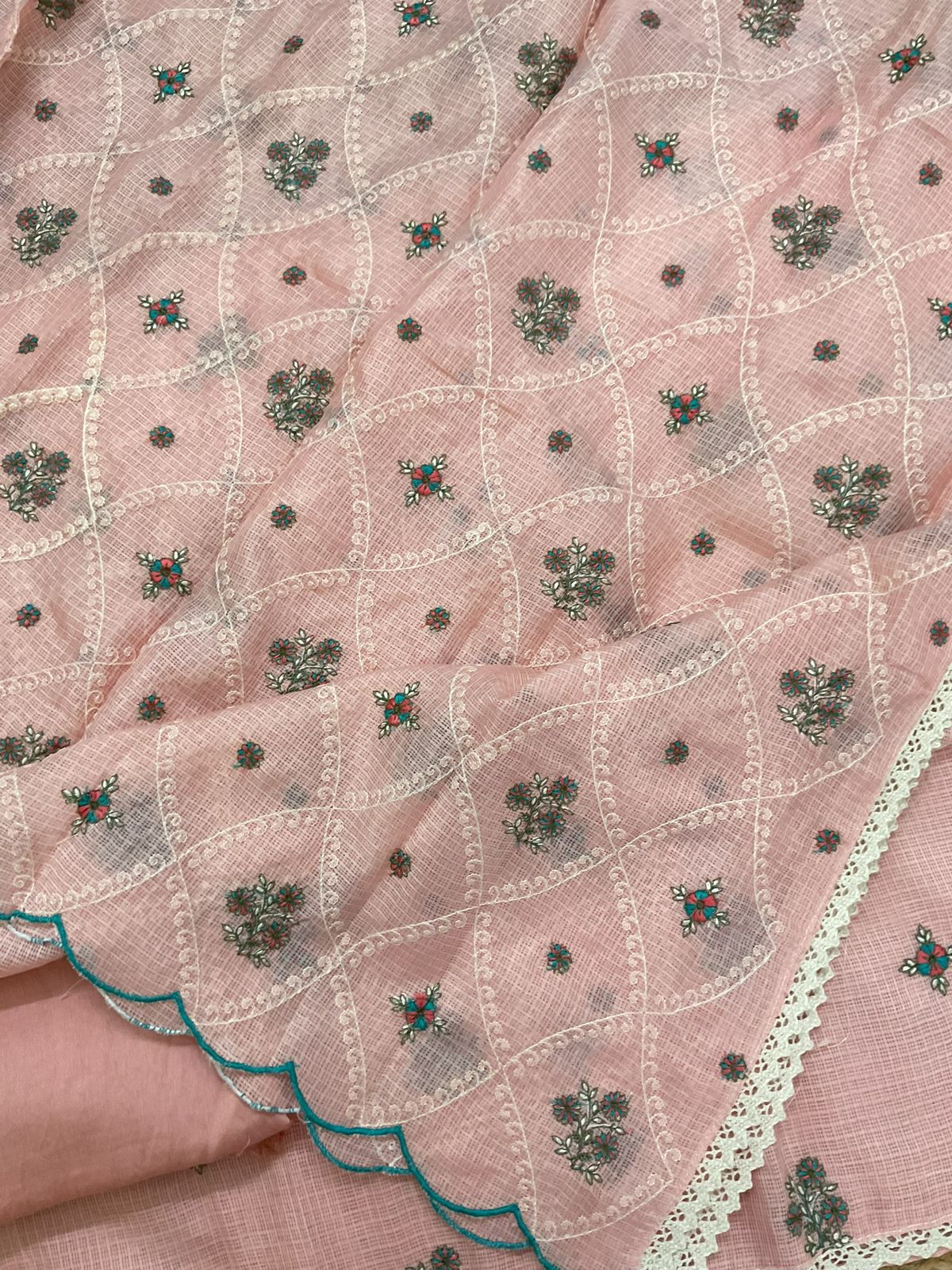 Soft Kota Silk Embroidered Suit - Peach