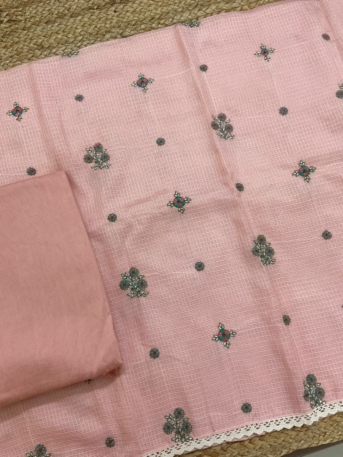 Soft Kota Silk Embroidered Suit - Peach