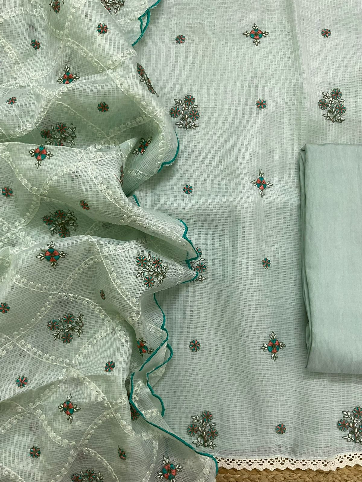 Soft Kota Silk Embroidered Suit - Green