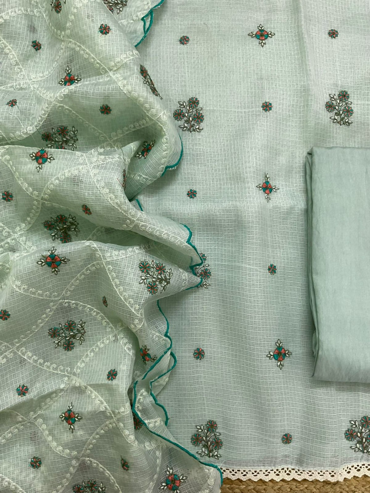 Image of Soft Kota Silk Embroidered Suit - Green