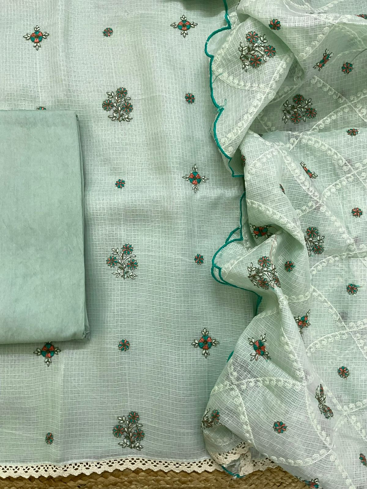 Soft Kota Silk Embroidered Suit - Green