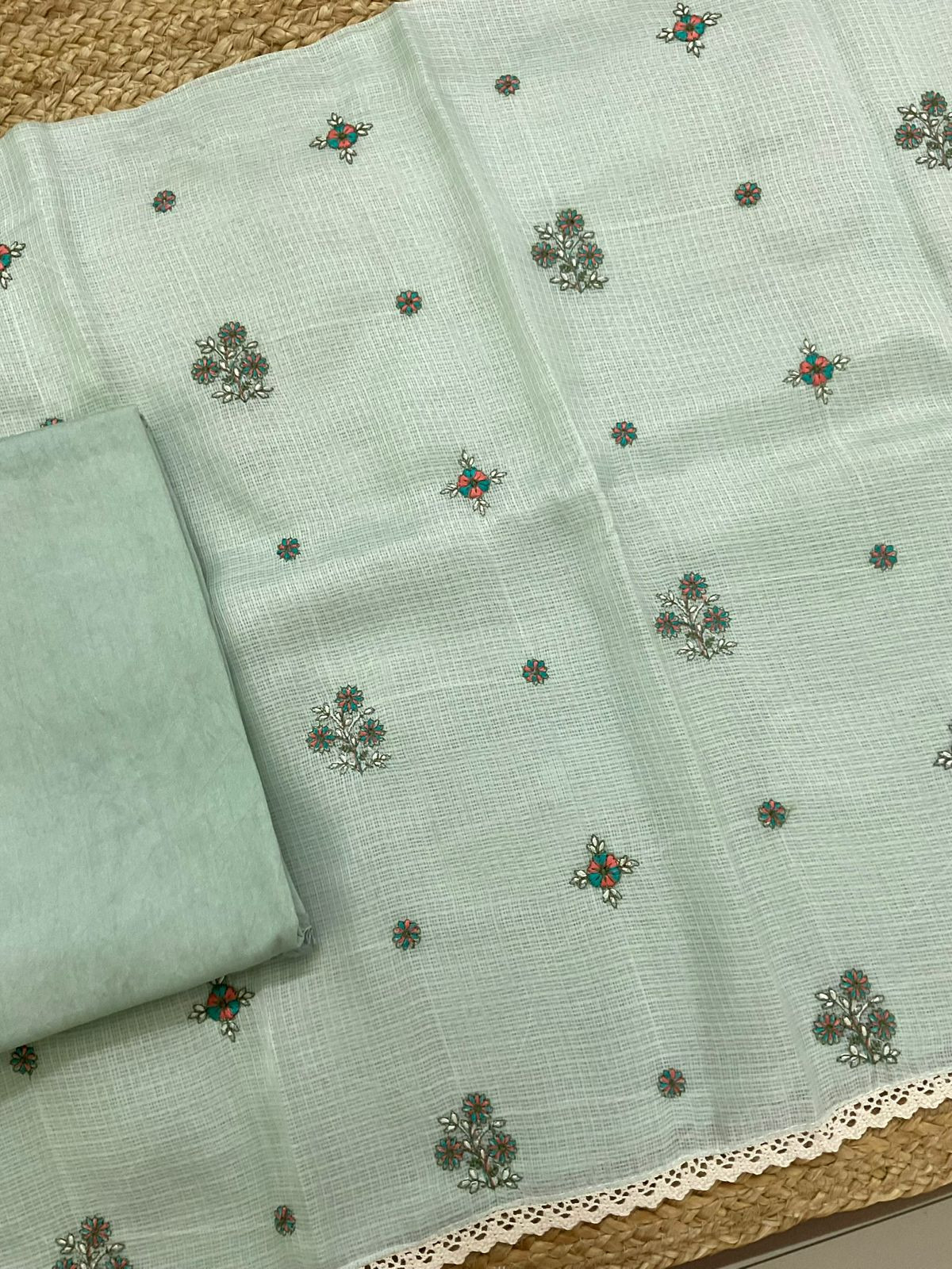 Soft Kota Silk Embroidered Suit - Green