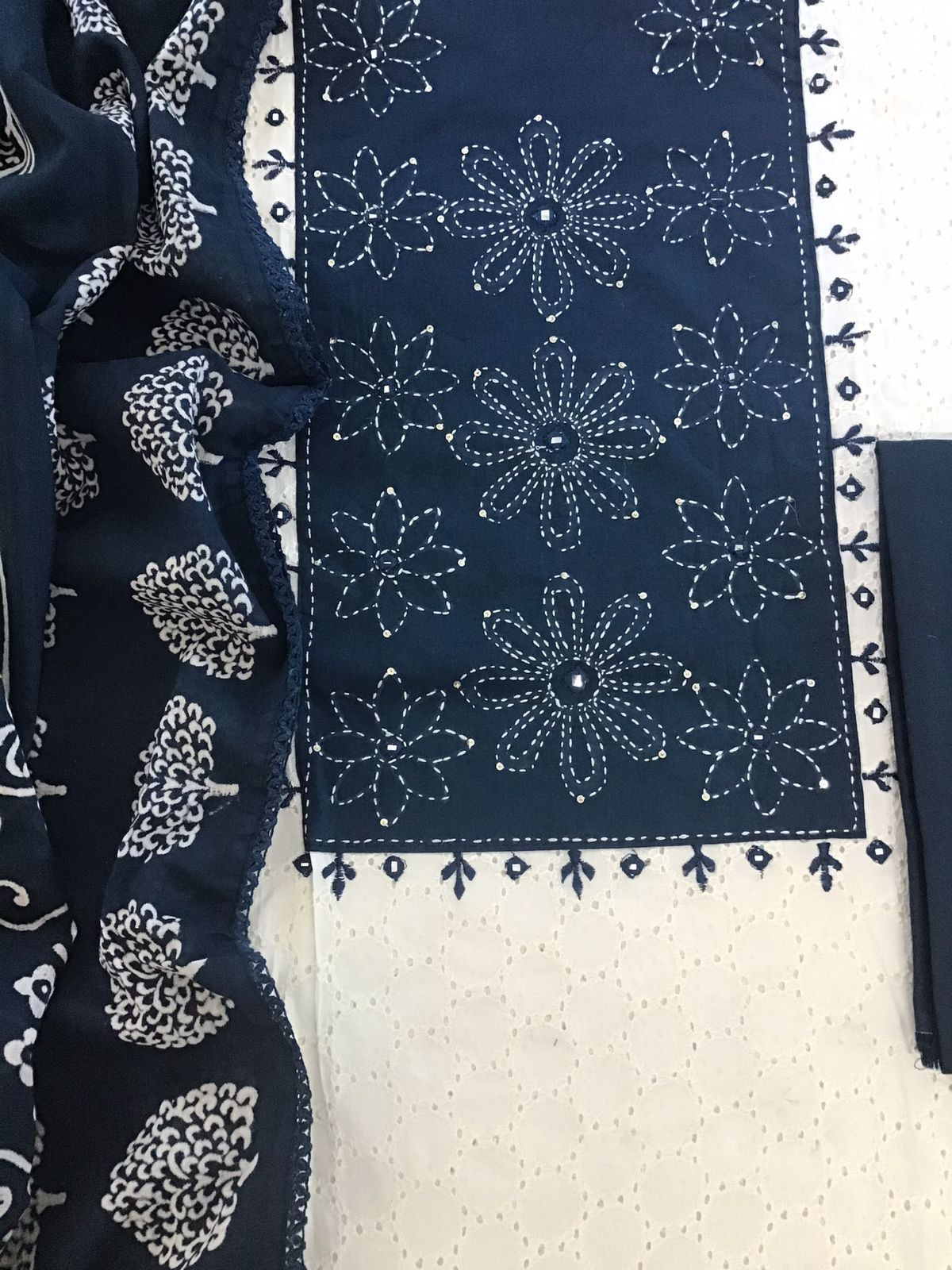 Pure Cotton Printed Embroidered Suit - Off White