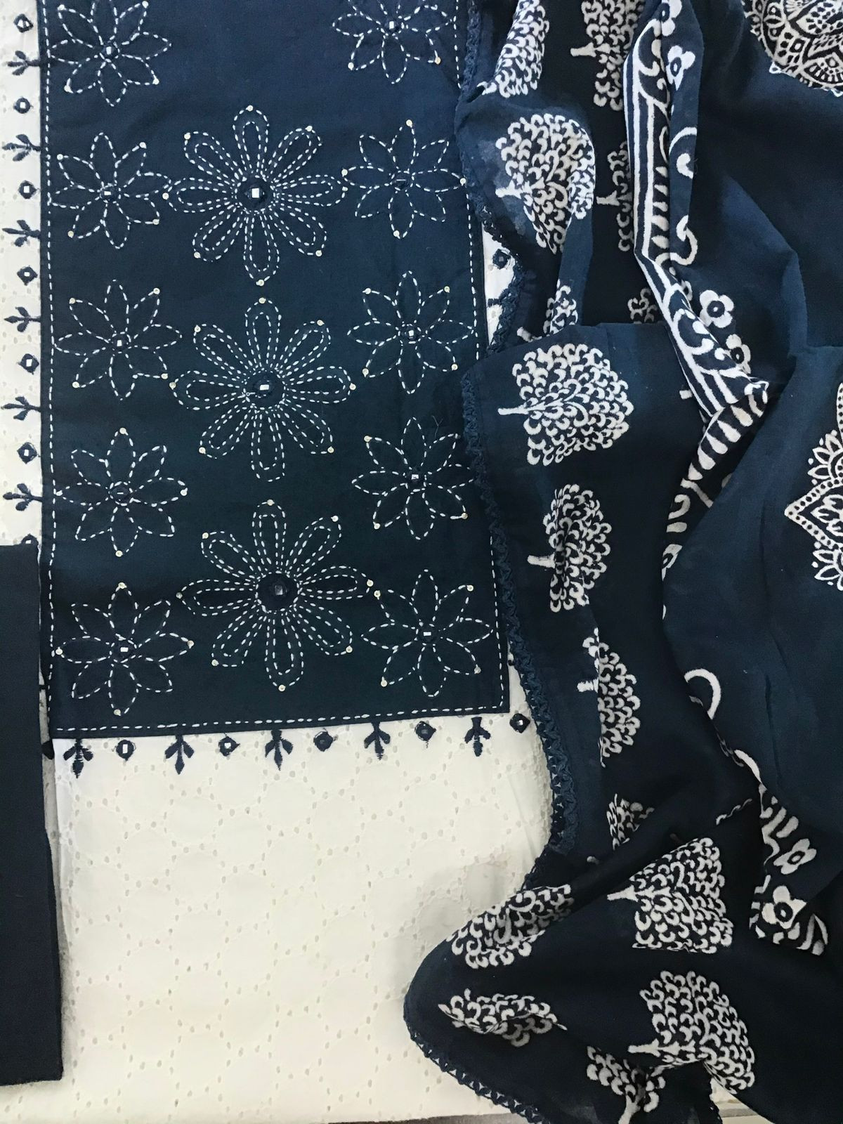 Pure Cotton Printed Embroidered Suit - Off White