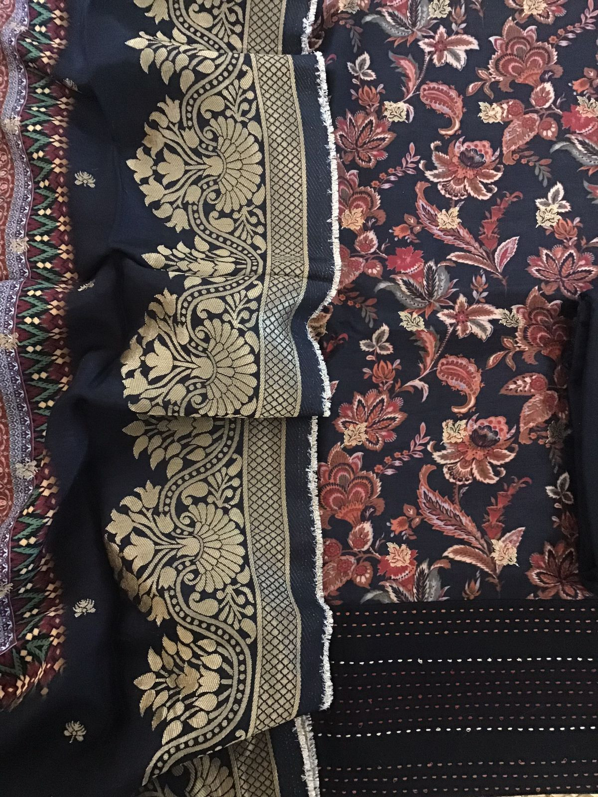 Soft Dola Silk Printed Banarasi Weaved Embroidered Suit - Black