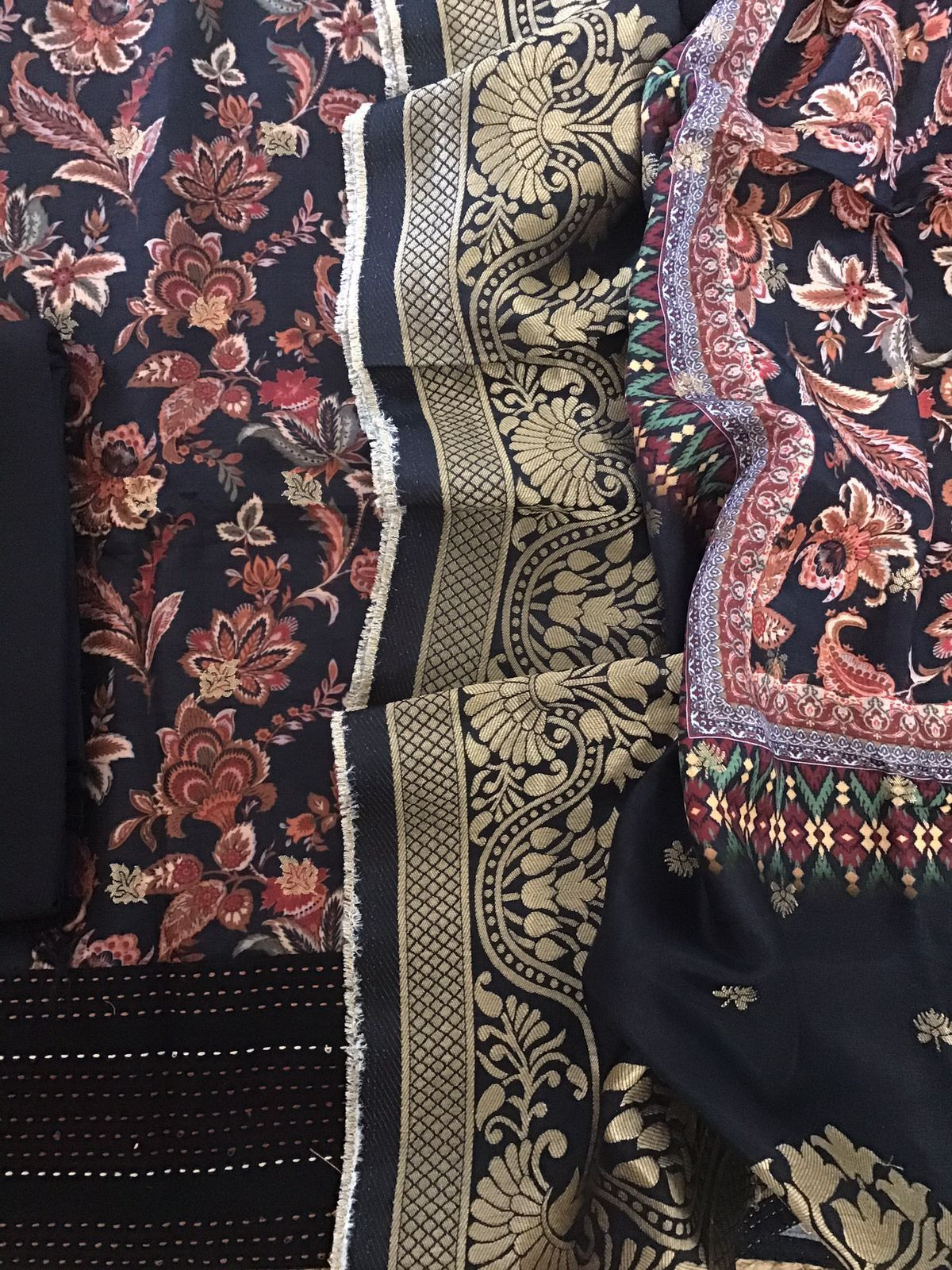 Soft Dola Silk Printed Banarasi Weaved Embroidered Suit - Black