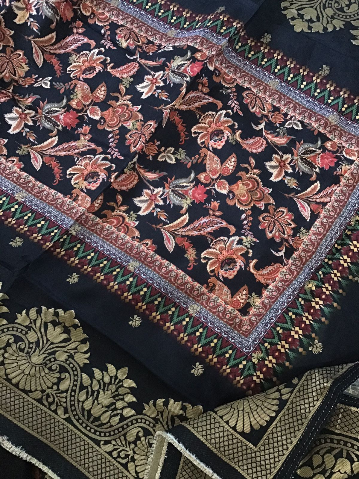 Soft Dola Silk Printed Banarasi Weaved Embroidered Suit - Black