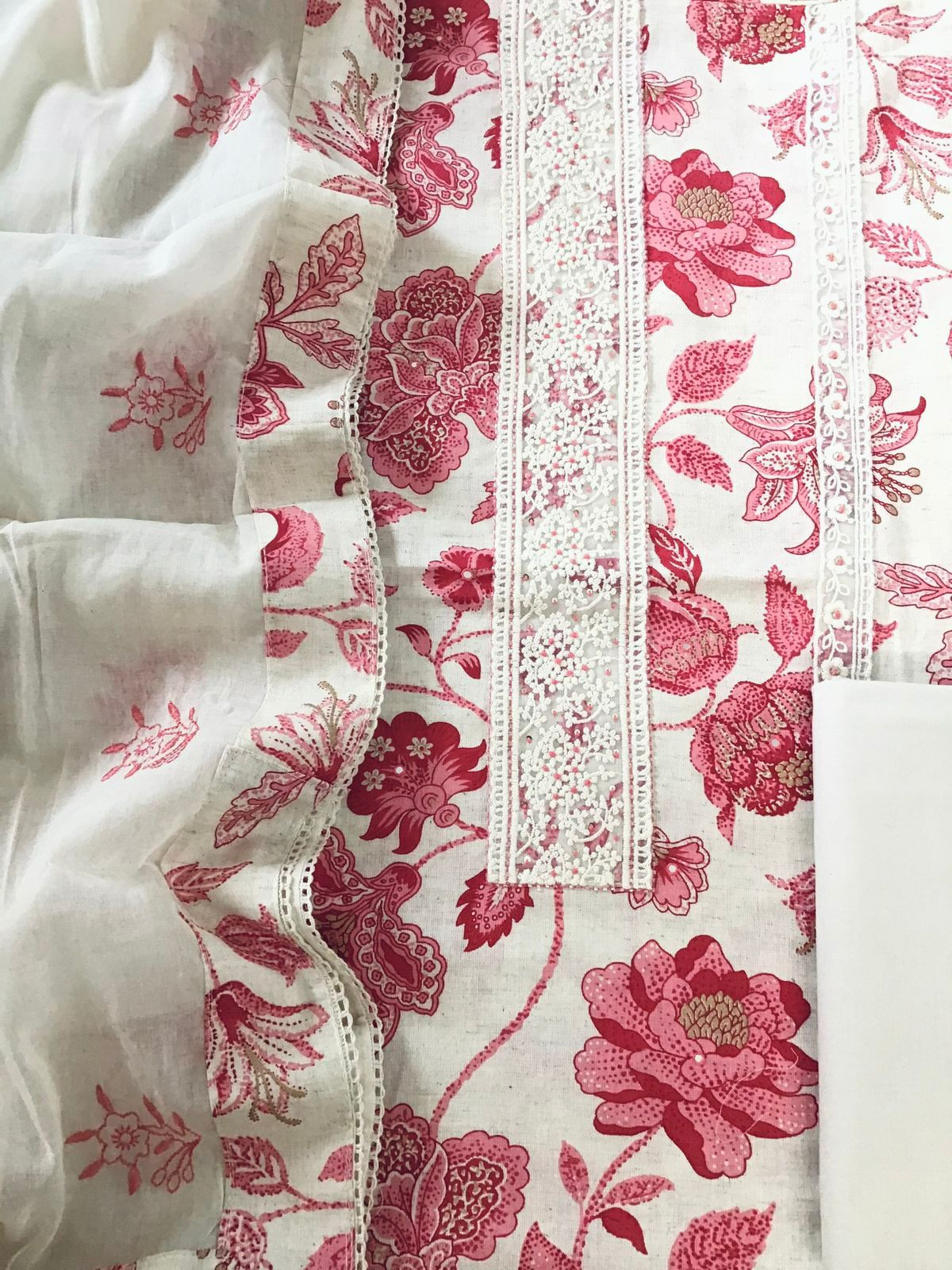 Pure Cotton Printed Embroidered Suit - Off White