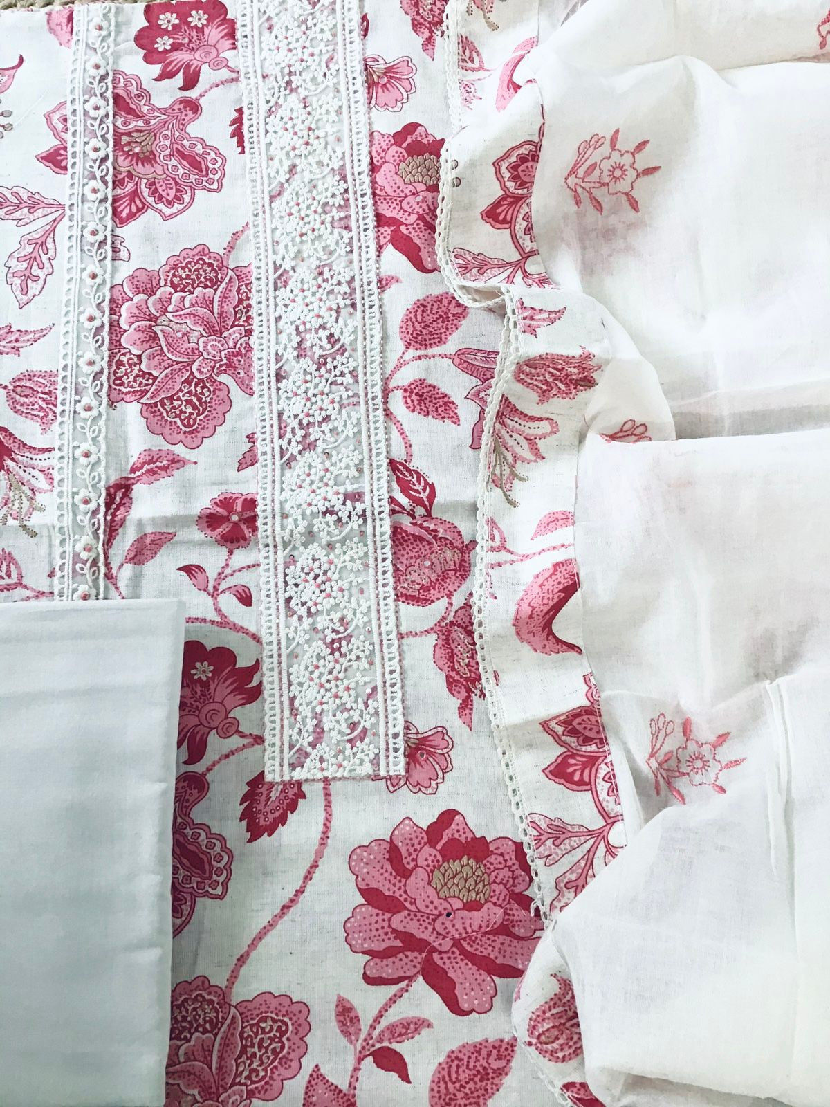 Pure Cotton Printed Embroidered Suit - Off White