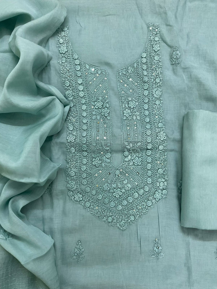 Image of Soft Chanderi Embroidered Suit - Blue