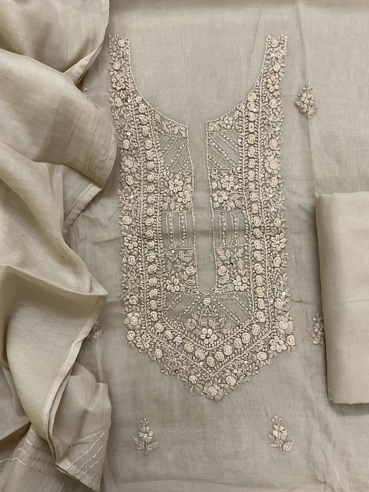 Soft Chanderi Embroidered Suit - Beige