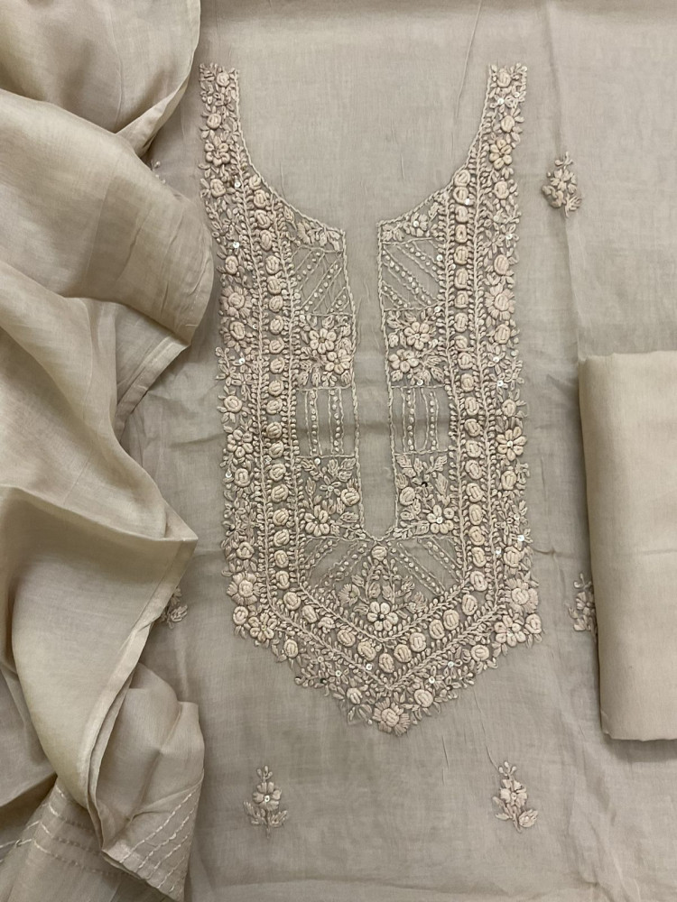 Image of Soft Chanderi Embroidered Suit - Beige