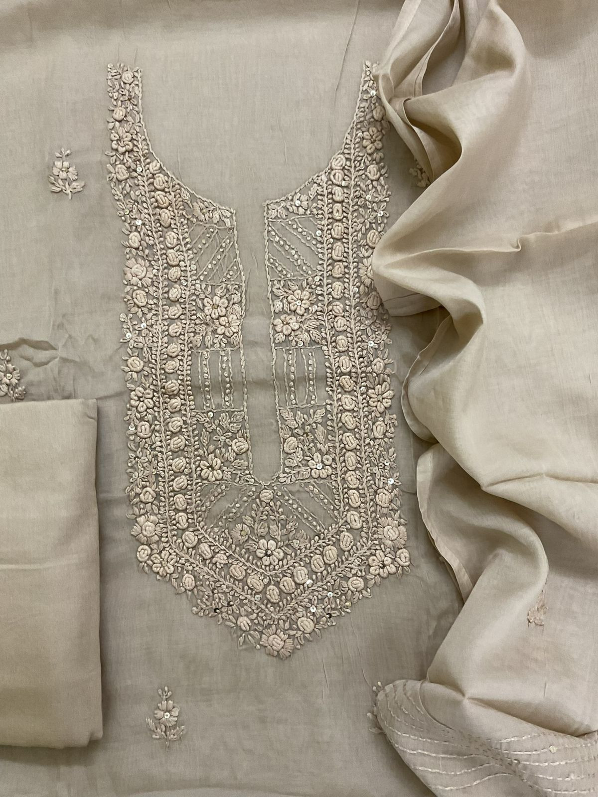 Soft Chanderi Embroidered Suit - Beige