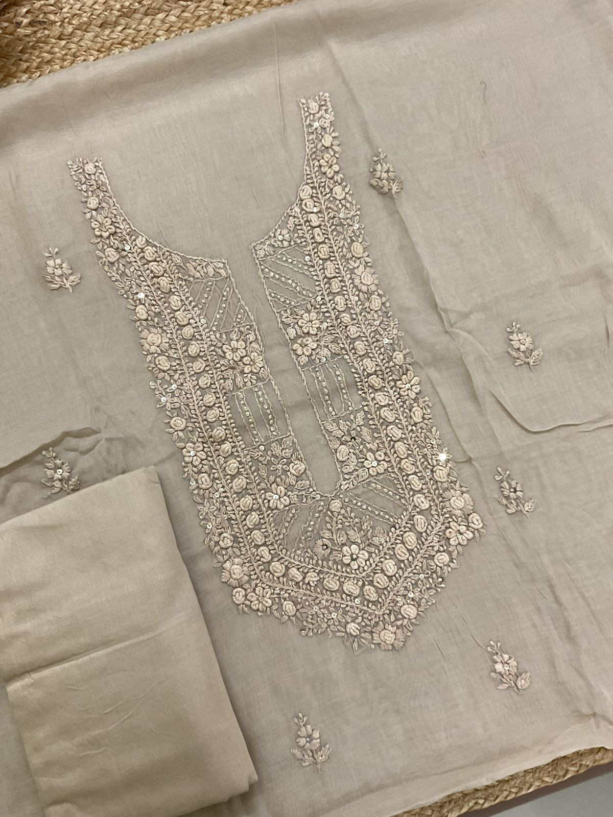 Soft Chanderi Embroidered Suit - Beige