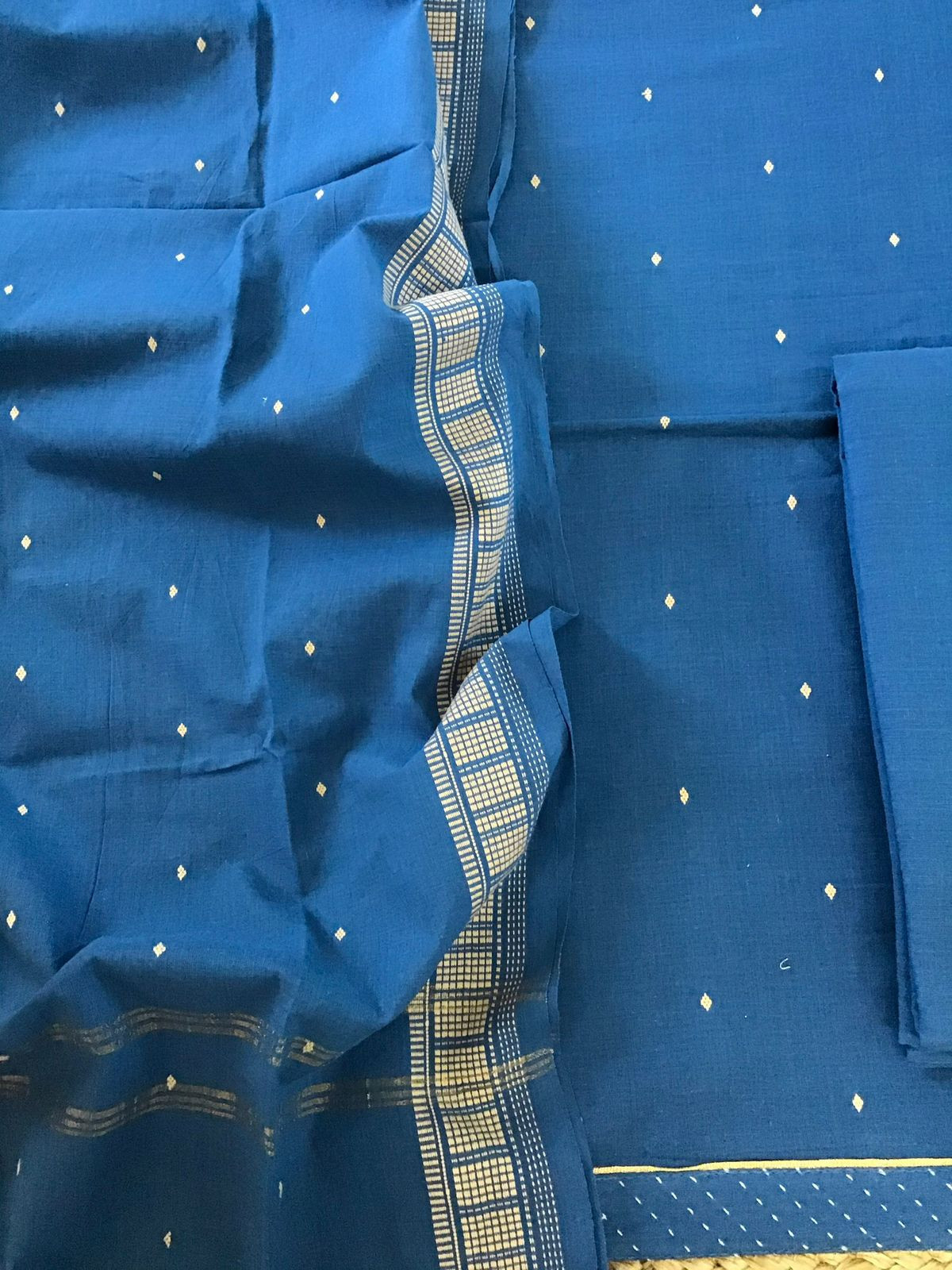Pure Handloom Cotton Self Weaved Suit - Blue