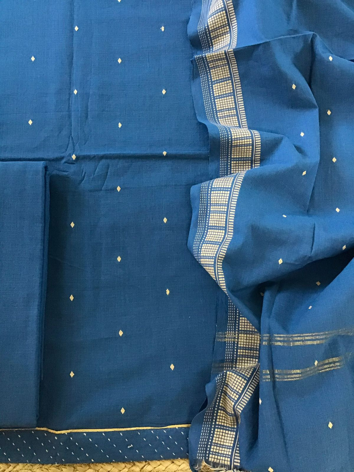 Pure Handloom Cotton Self Weaved Suit - Blue