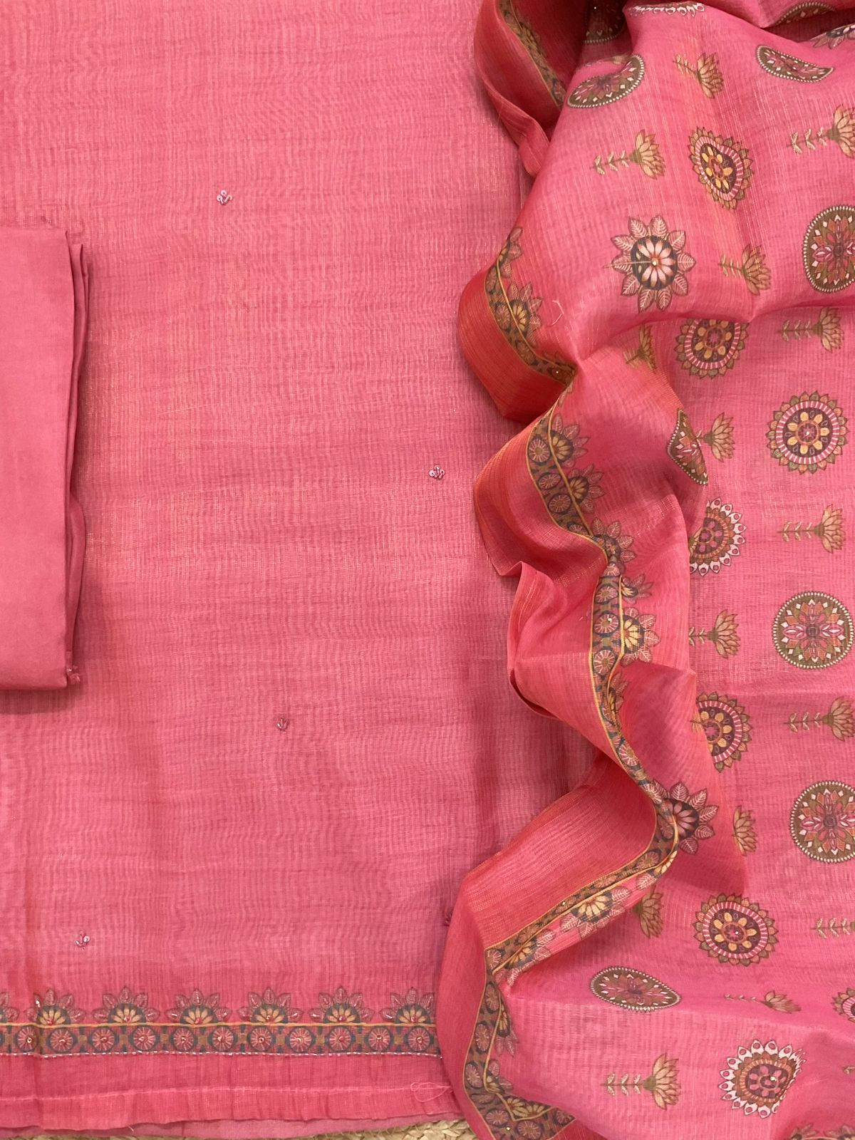 Soft Tissue Slub Cotton Printed Embroidered Suit - Pink