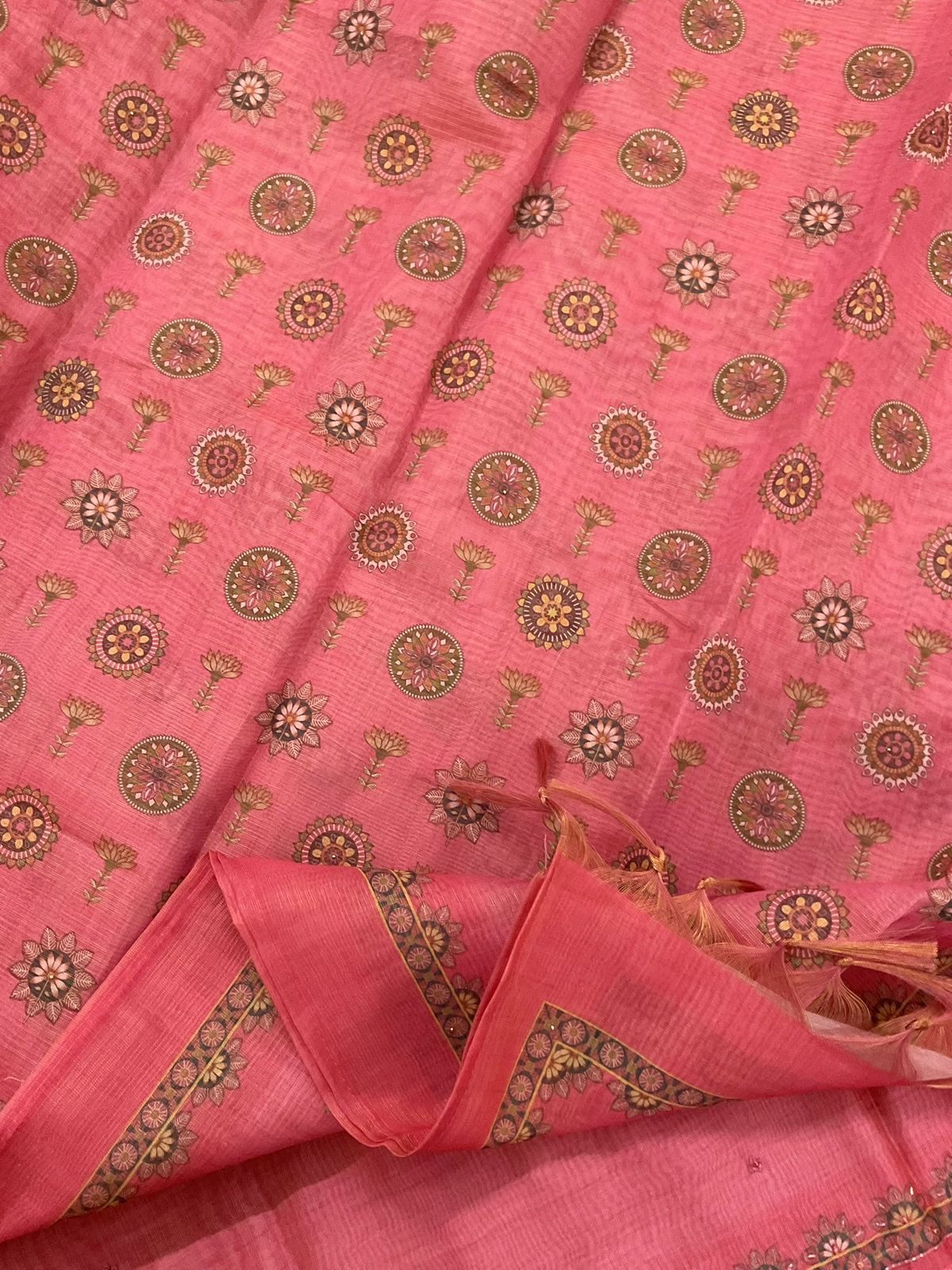Soft Tissue Slub Cotton Printed Embroidered Suit - Pink