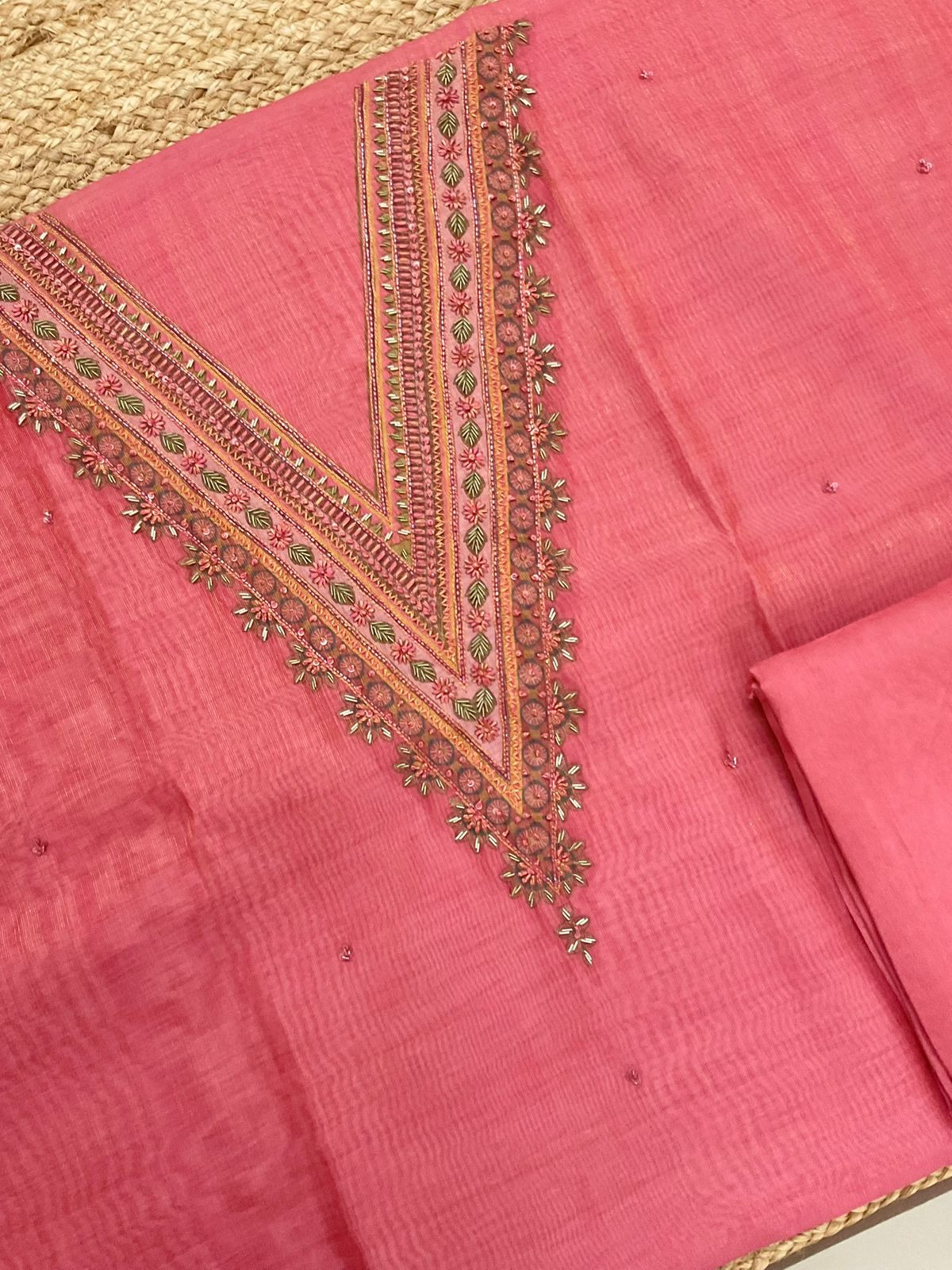 Soft Tissue Slub Cotton Printed Embroidered Suit - Pink