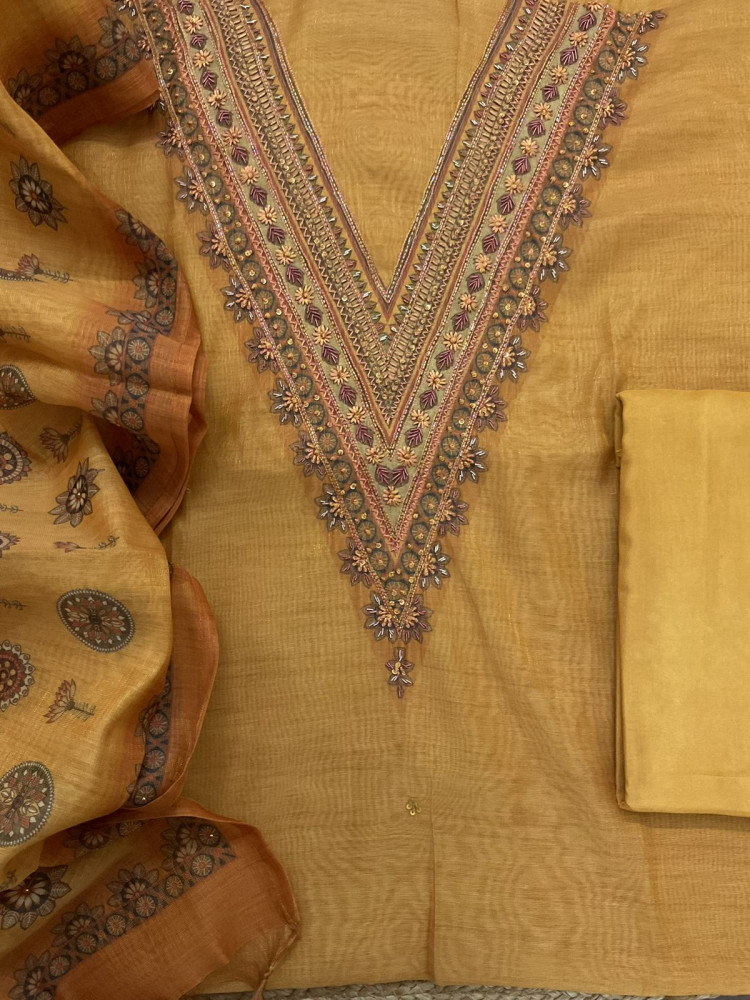 Image of Soft Tissue Slub Cotton Printed Embroidered Suit - Yellow