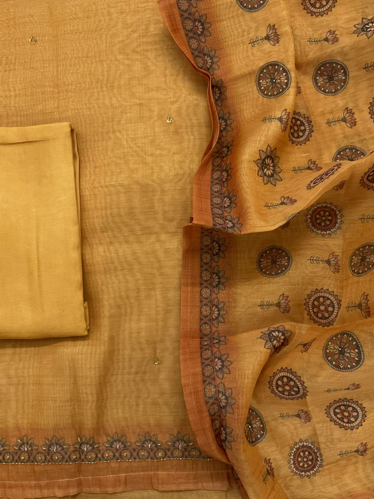 Soft Tissue Slub Cotton Printed Embroidered Suit - Yellow