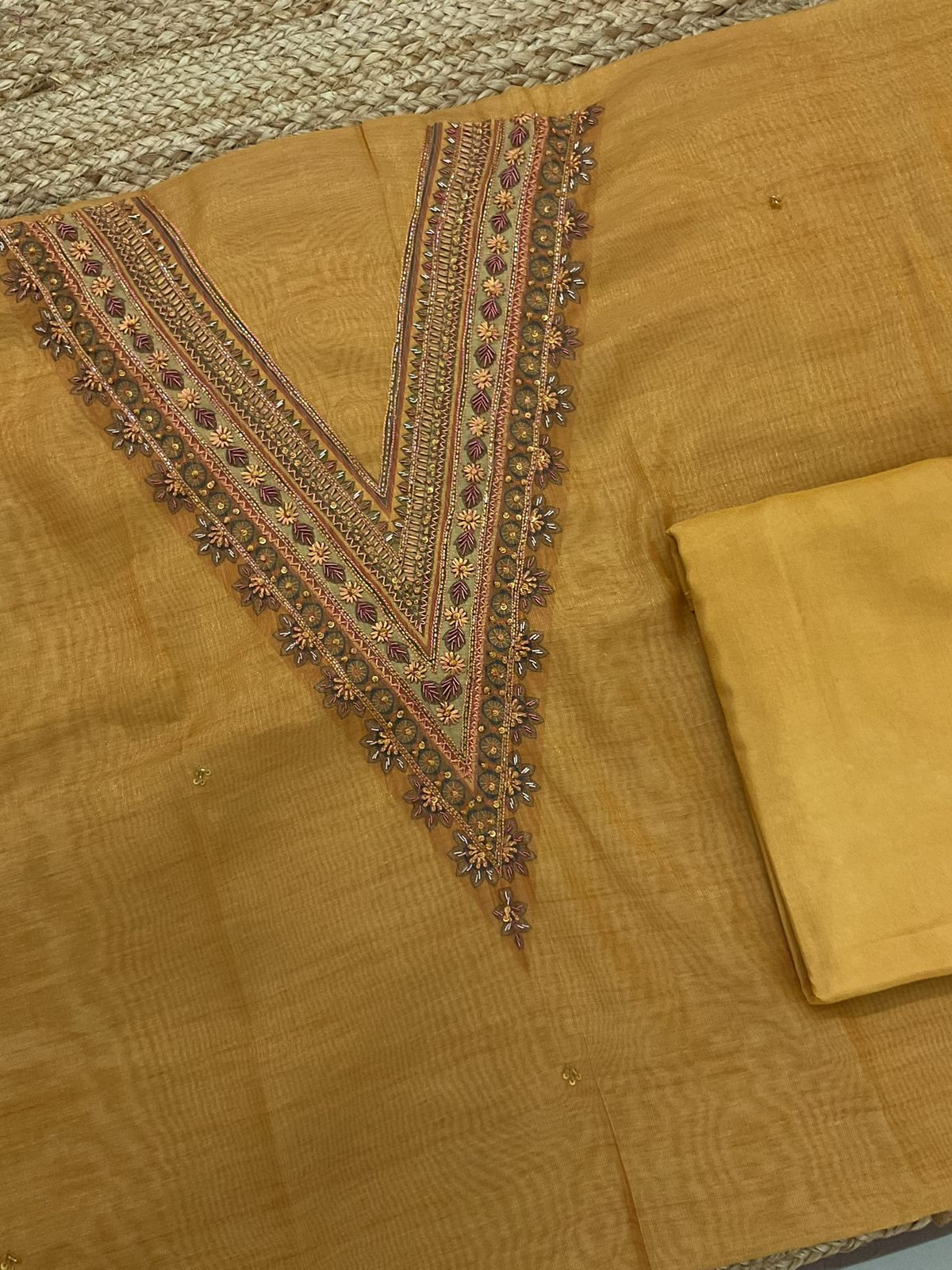 Soft Tissue Slub Cotton Printed Embroidered Suit - Yellow