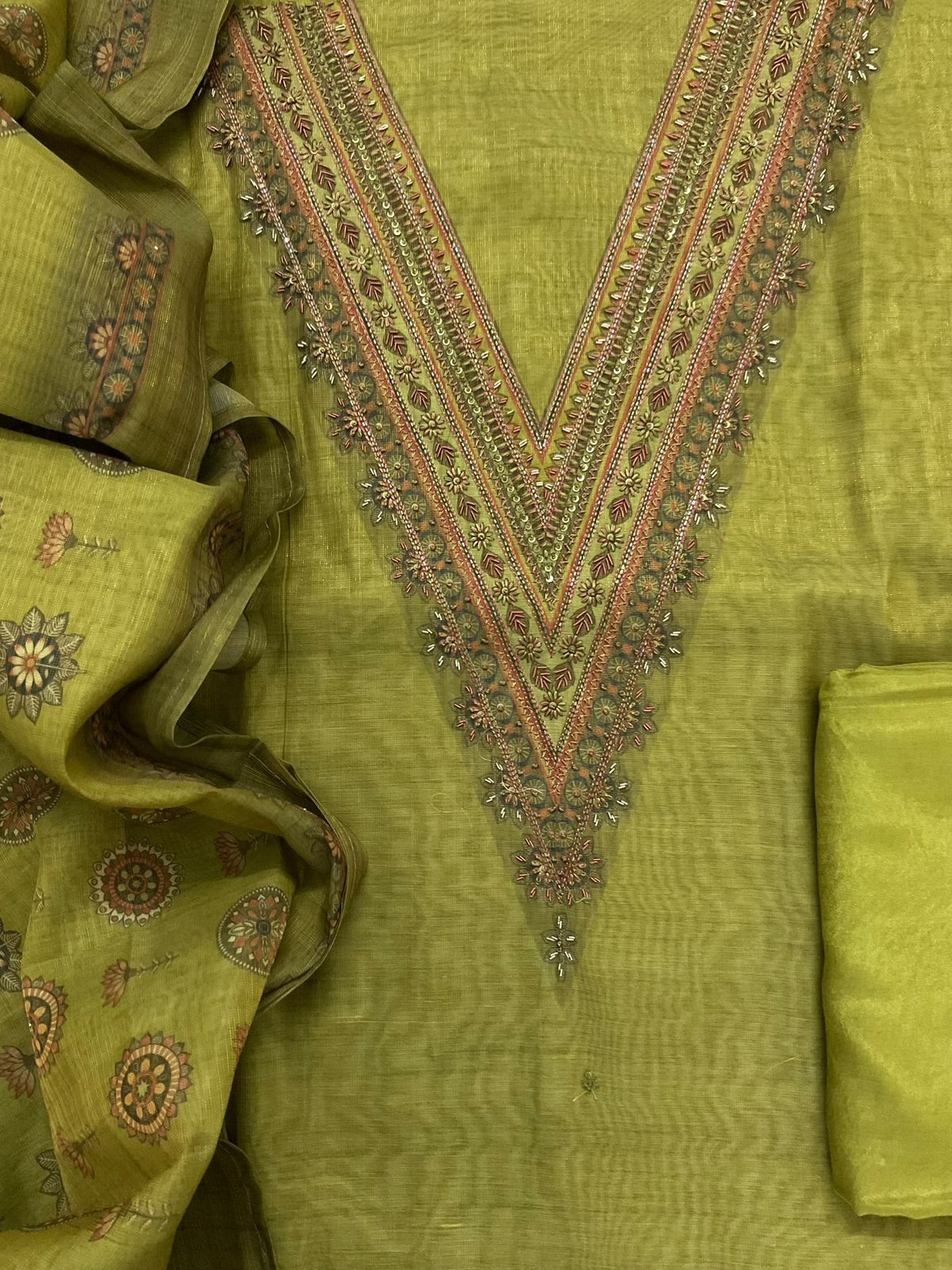Soft Tissue Slub Cotton Printed Embroidered Suit - Green